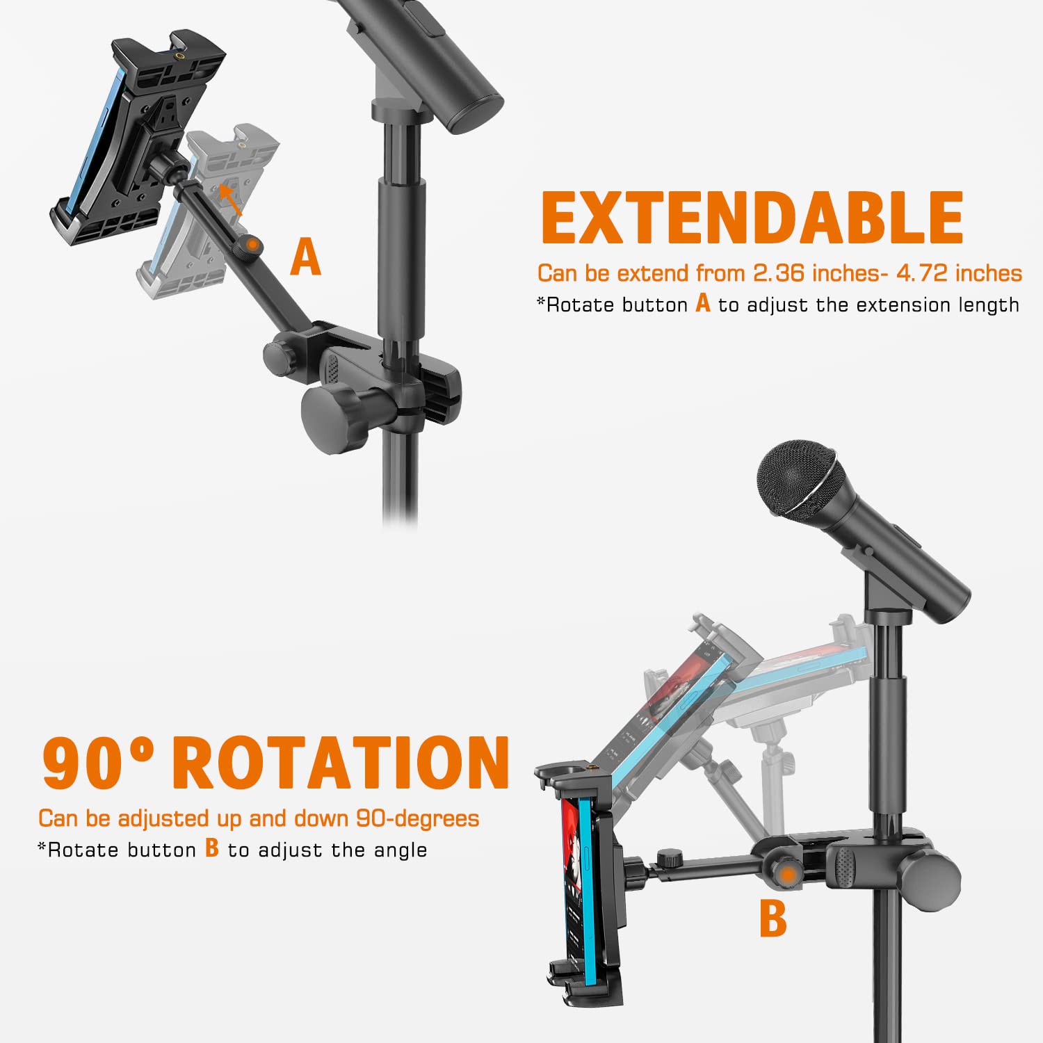 Universal Tablet Holder for Microphone Stand - Adjustable iPad & Smartphone Mount for Musicians (Fits 4.7