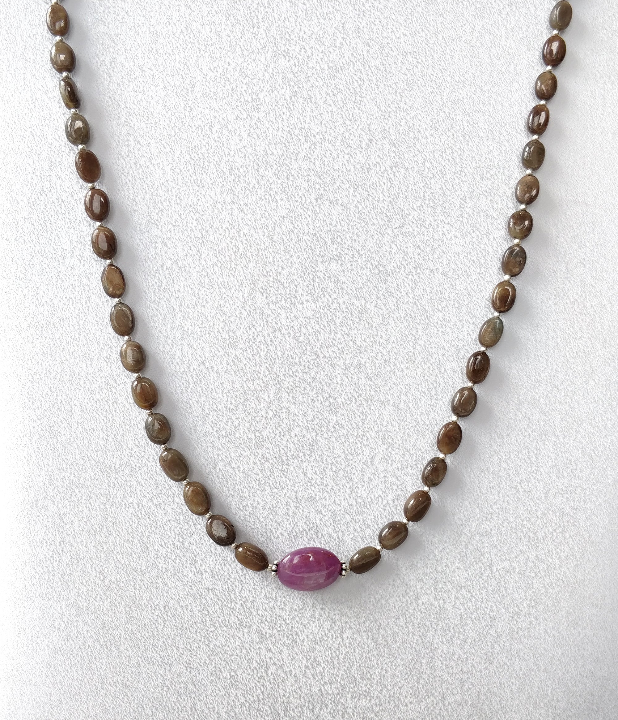 Natural Untreated Chocolate Sapphire & Star Ruby Gemstone Necklace - 131.45cts Oval Cut with 925 Sterling Silver (7x5mm - 15x11mm, 24.5