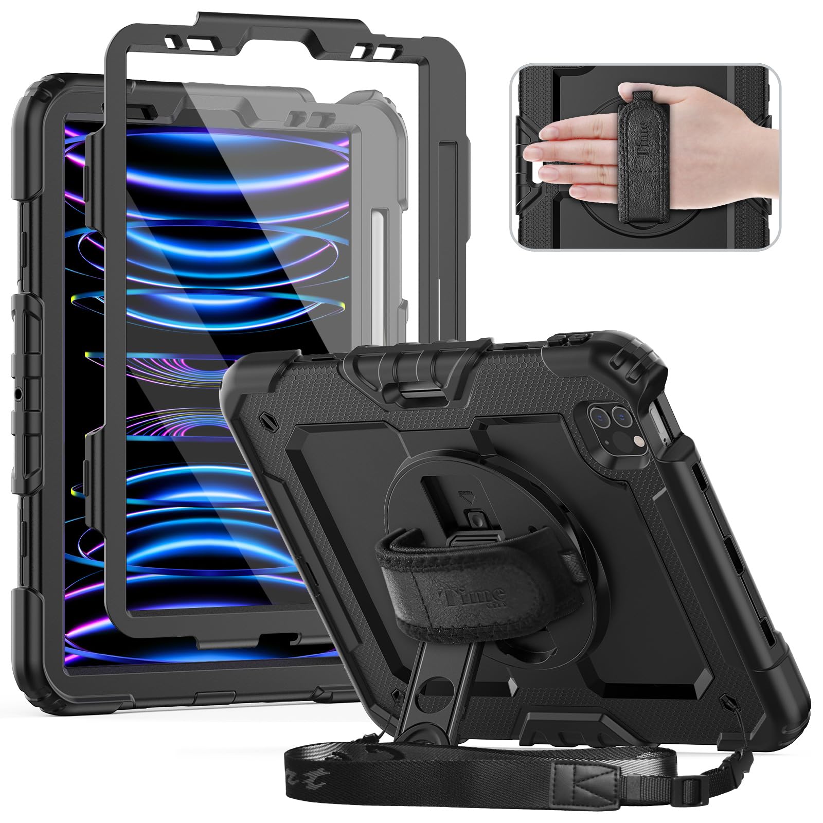 Timecity Heavy Duty Rugged Case for iPad Pro 11 inch (1st-4th Gen) - Shockproof Protective Cover with Built-in Screen Protector, Apple Pencil Holder, 360° Rotating Stand & Handle, Adjustable Shoulder Strap (Black) - Perfect for Work, Travel and Outdoor Adventures