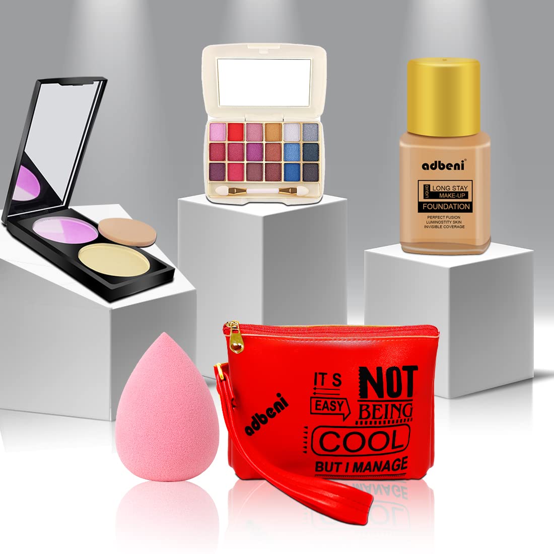 Adbeni 5-Piece Ready To Go Makeup Kit - 18 Color Eyeshadow Palette, Foundation, Blush Compact & Beauty Sponge with Pouch | Perfect for Party, Night Out & Travel | Radiant Finish for Sand Tone Skin