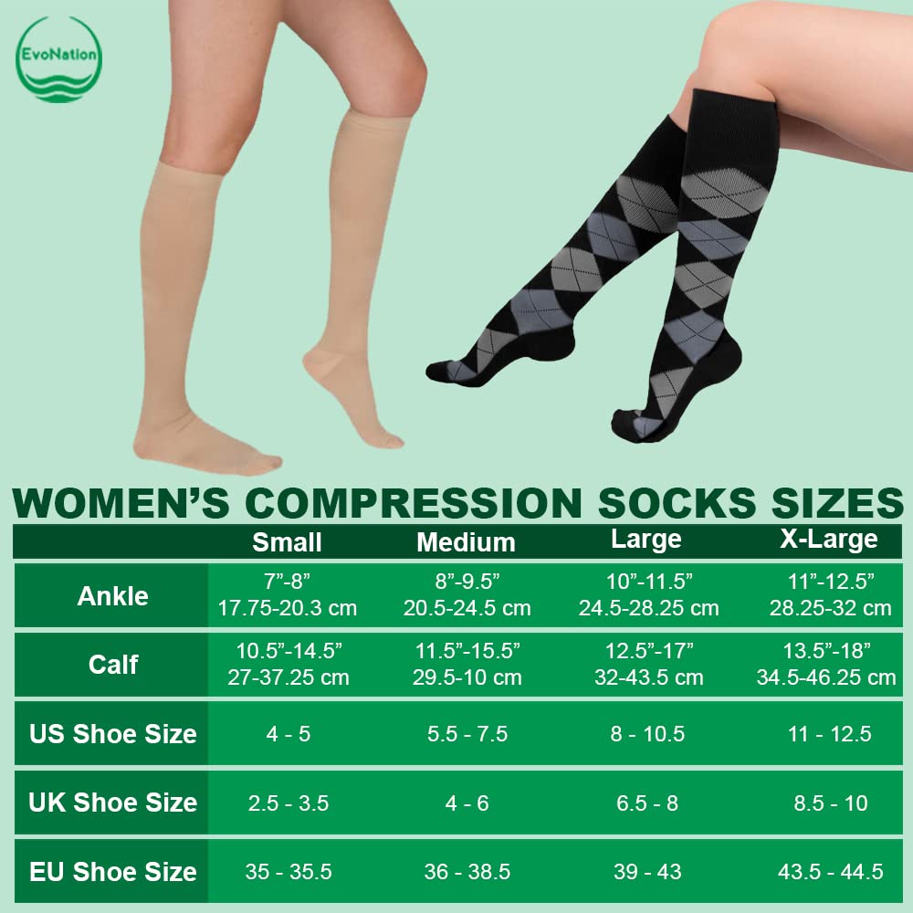 EvoNation Women's Knee High 20-30 mmHg Graduated Compression Socks with Copper Infusion - Firm Support Stockings for Circulation, Varicose Veins & Travel - Perfect for Nurses, Athletes & Long Flights