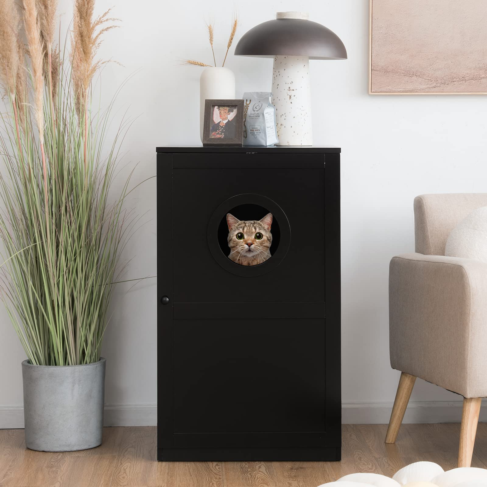 Tangkula 2-Tier Cat Litter Box Enclosure - Hidden Cat Washroom Furniture with Privacy Design, Anti-Toppling Device & Ventilation for Large Cats (Black) | Perfect for Home, Apartment & Pet-Friendly Spaces