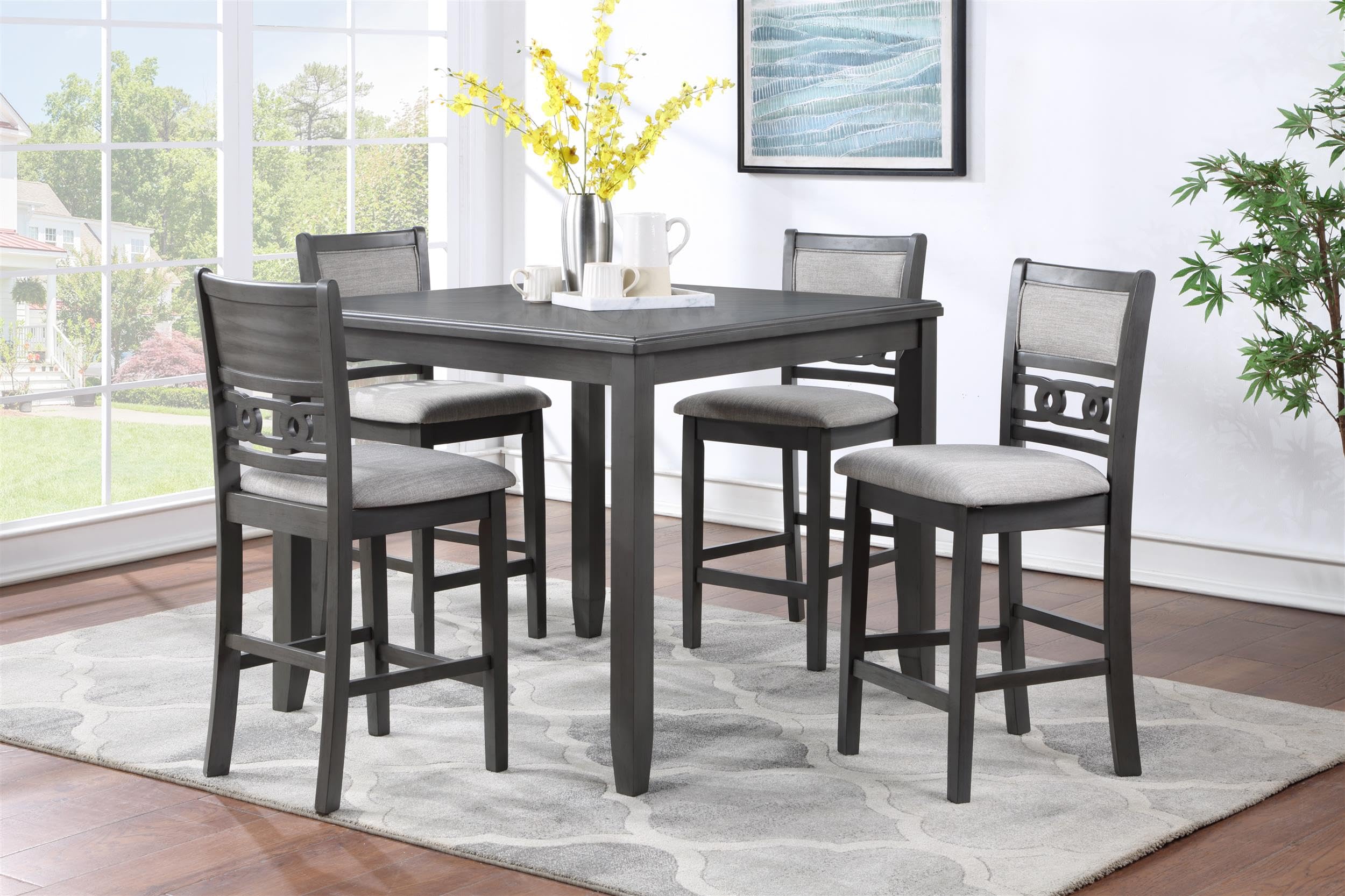 Gia 5-Piece Counter Height Dining Set - 42 Inch Gray Kitchen Table with 4 Stools - Modern Bar Furniture for Small Spaces, Breakfast Nook & Apartment Living