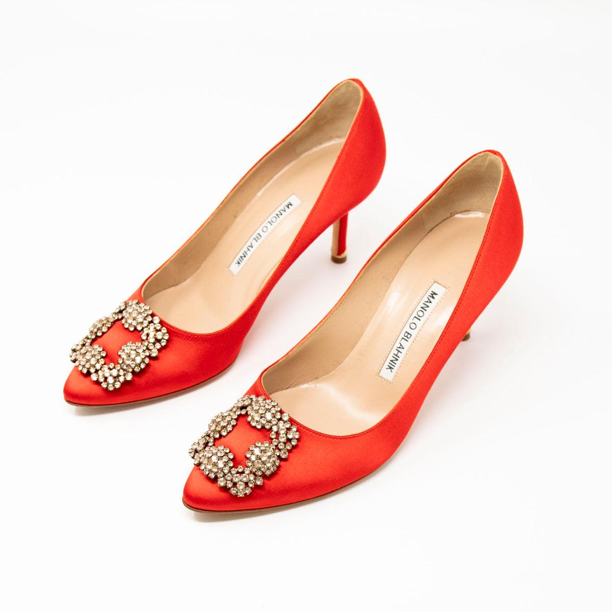 Manolo Blahnik Hangisi Red Satin Pumps Women's Size 37 - Elegant High Heels for Weddings, Parties & Special Occasions