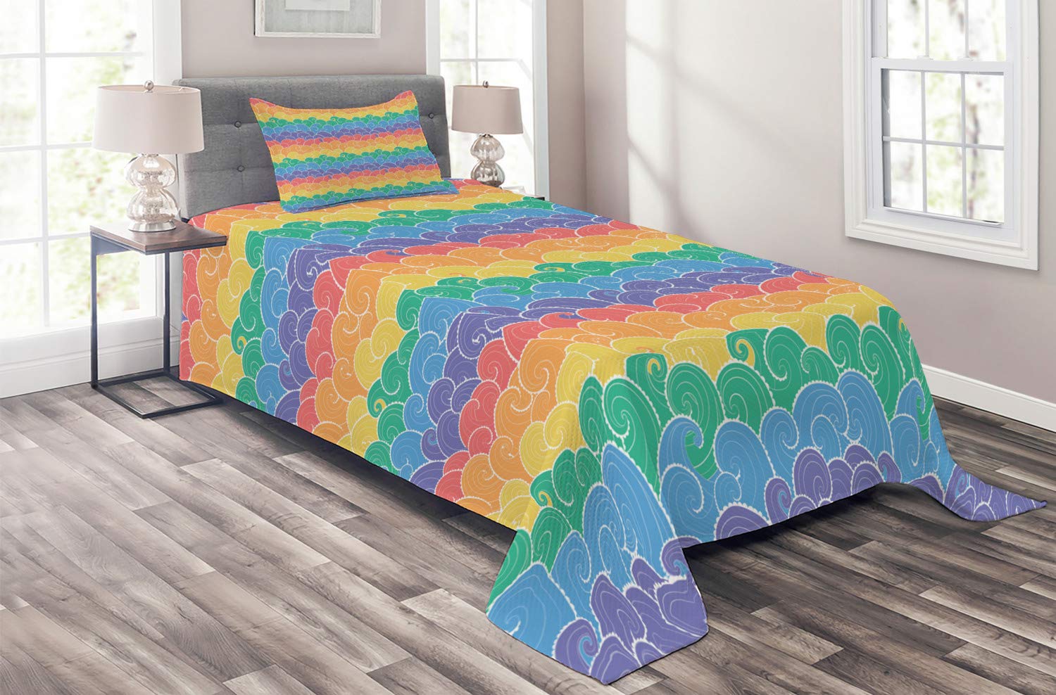 Ambesonne Nautical Quilt Set - Colorful Rainbow Waves Cartoon Style Sea Pattern 3-Piece Bedspread with 2 Pillow Shams, Twin Size Multicolor - Perfect for Kids' Rooms, Beach House Decor & Coastal Themed Bedrooms