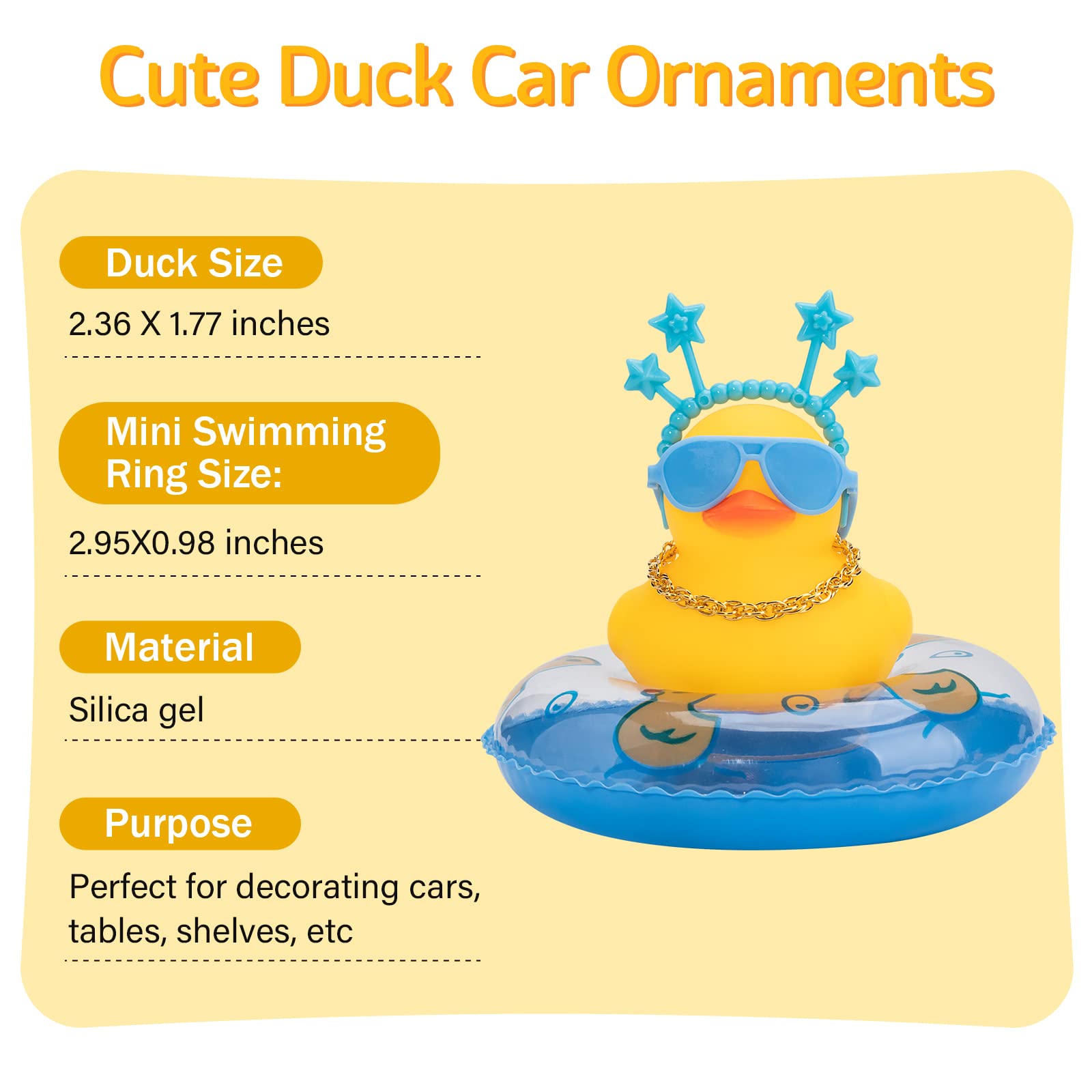 Wonuu Cute Rubber Duck Car Ornament with Headband, Swim Ring, Necklace & Sunglasses - Blue Star Headband Dashboard Decor for Cars - Perfect for Gifts, Parties & Car Accessories