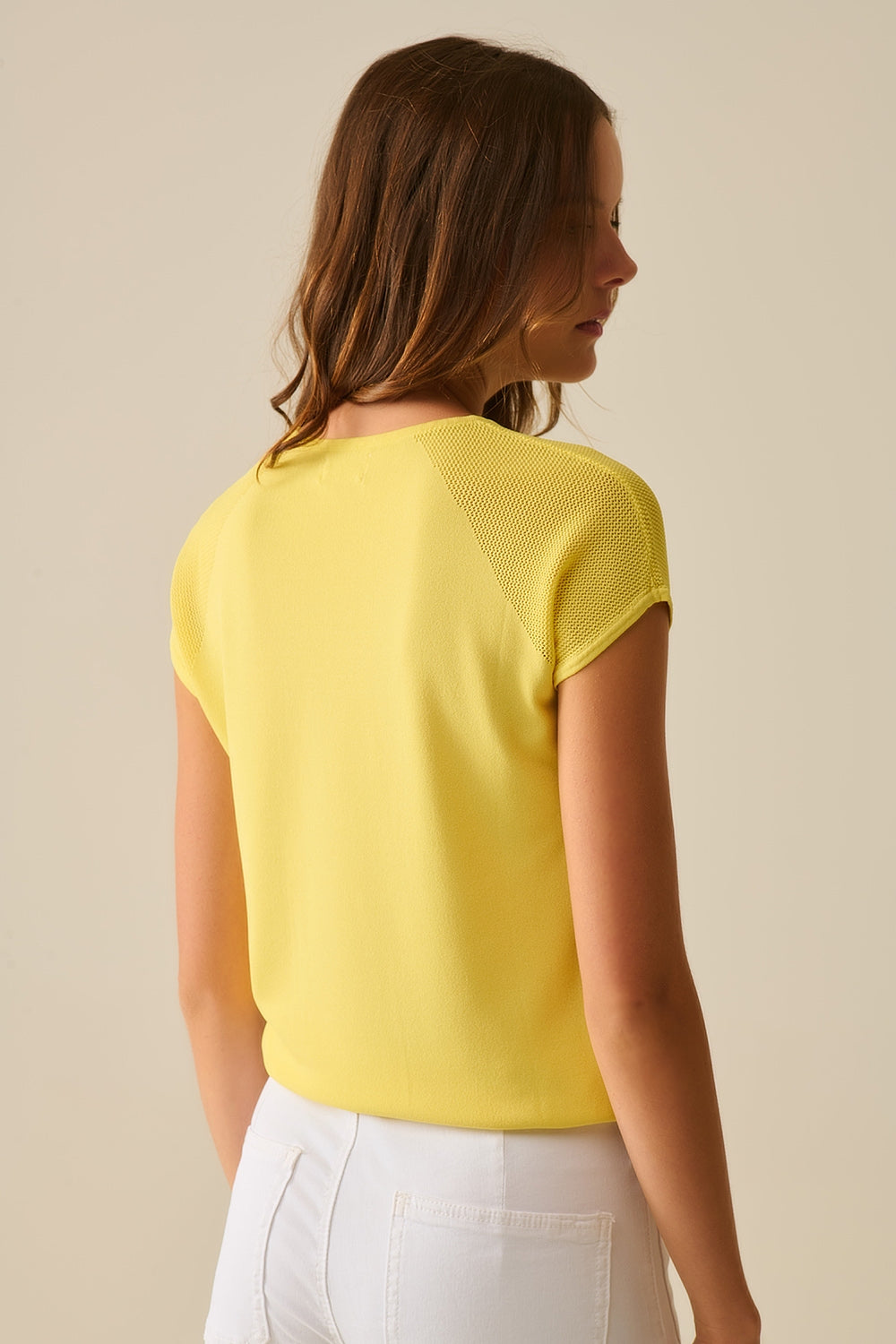 Yellow Short Sleeve Pullover with Shoulder Mesh Detail - Perfect for Casual Outings, Summer Fashion & Layering