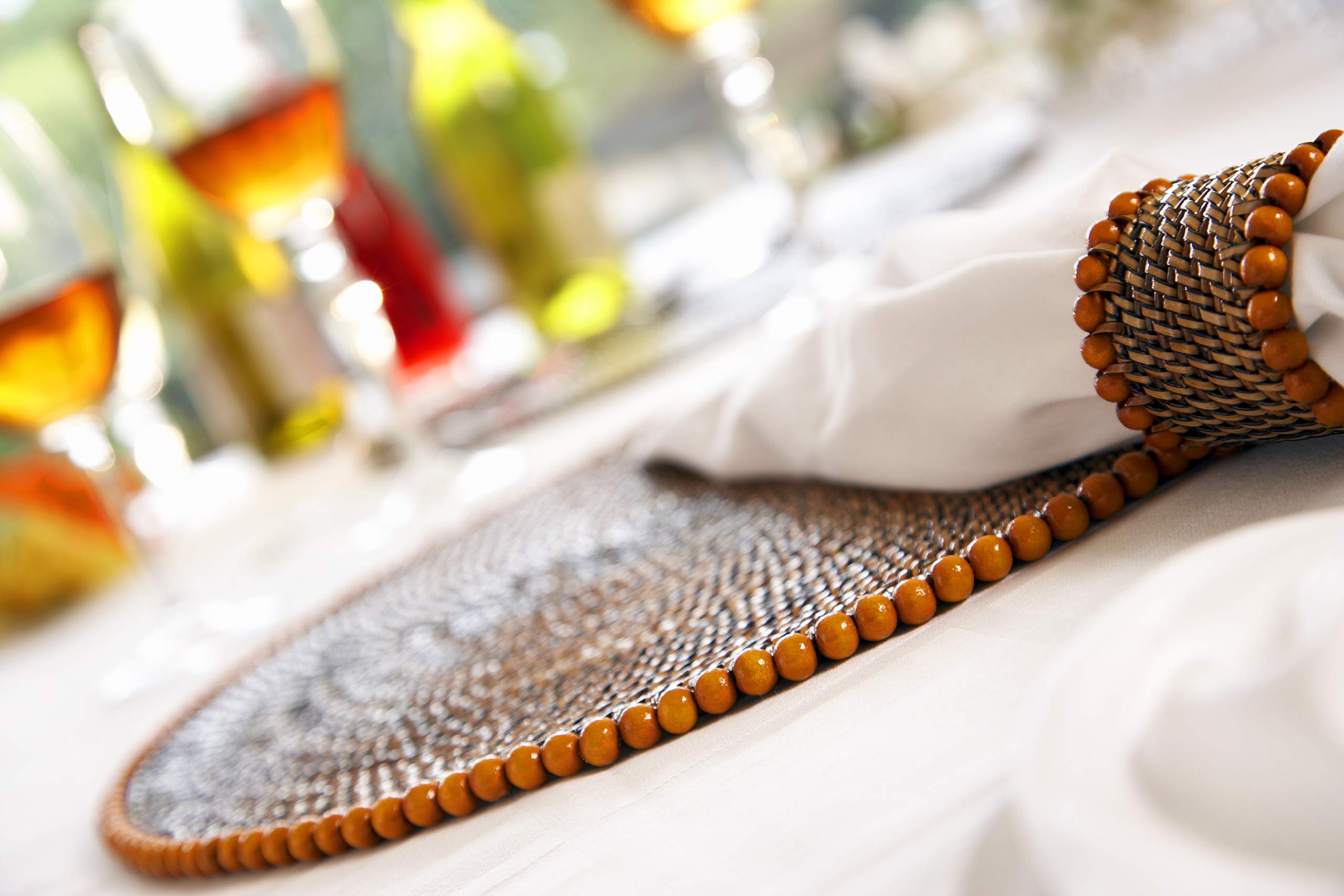 4-Pack Woven Round Bead-Rimmed Placemats - Orange Handmade Table Mats for Dining, Kitchen, Party Decor & Home Accessories