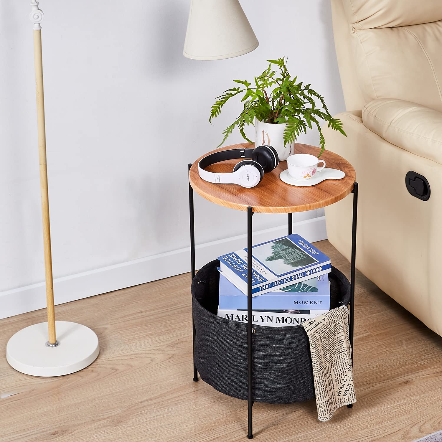 Industrial Round Side Table - 2 Tier Small Sofa Couch Table with Rustic Metal Frame & Storage Basket | End Table, Nightstand, Bedside Table for Living Room, Bedroom, Coffee Table | Perfect for Small Spaces & Apartment Decor (USA Shipping)