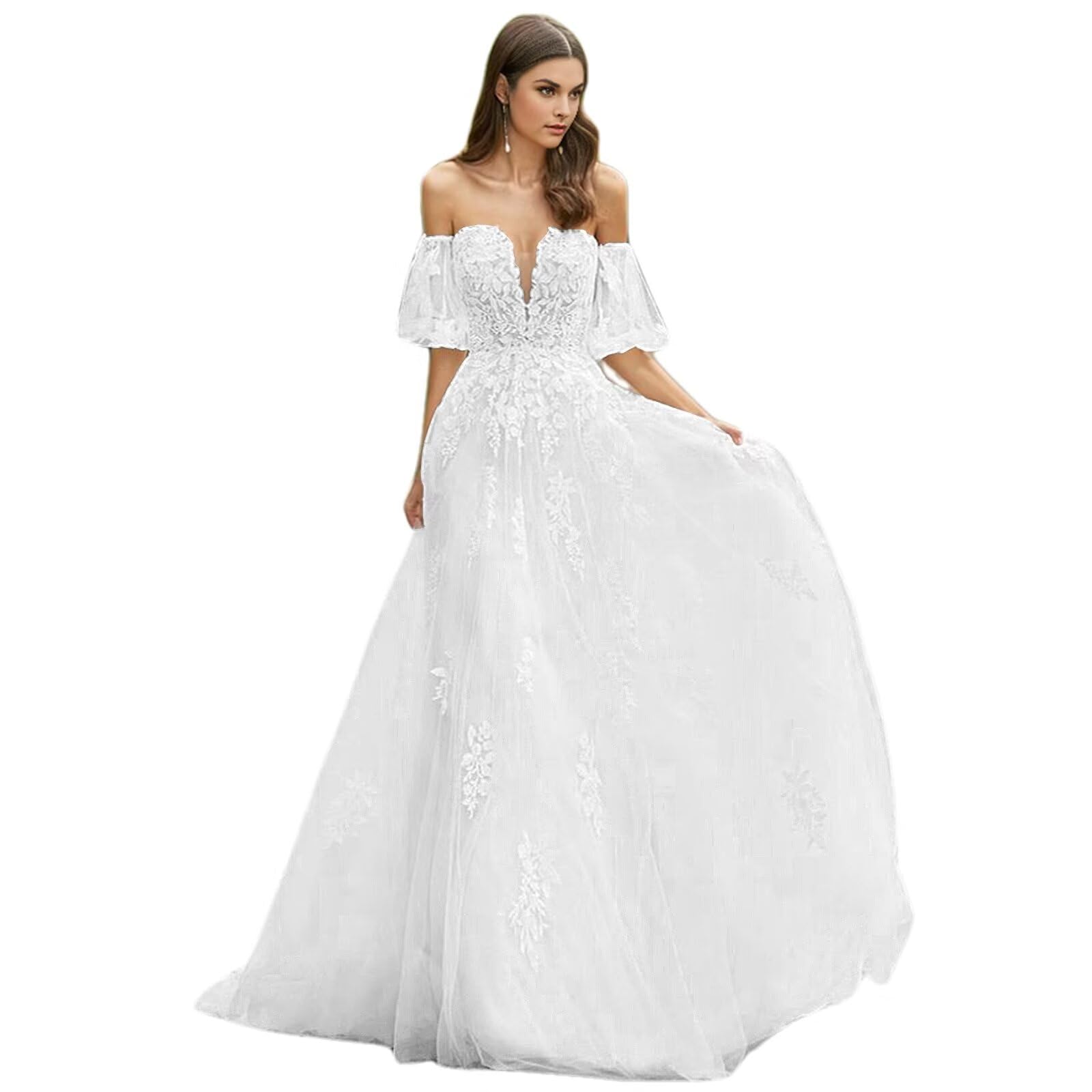 Elegant Lace Wedding Dress with Short Puff Sleeves & Sweetheart Neckline - Tulle Bridal Gown for Women | Perfect for Beach Weddings, Garden Ceremonies & Romantic Vow Renewals