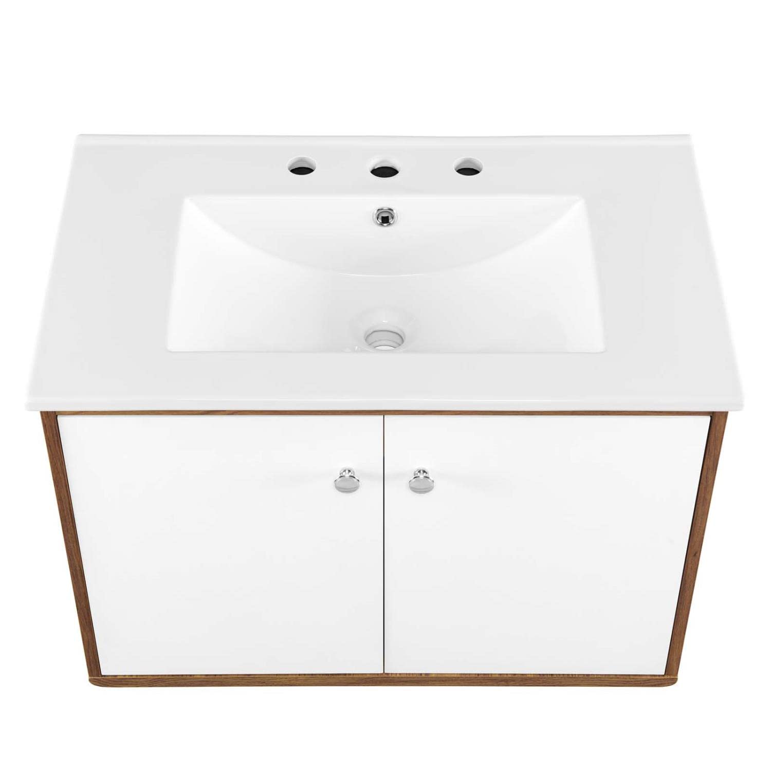 Modway Transmit 30-Inch Wall-Mount Bathroom Vanity in Walnut & White - Modern Space-Saving Storage Solution for Small Bathrooms & Powder Rooms