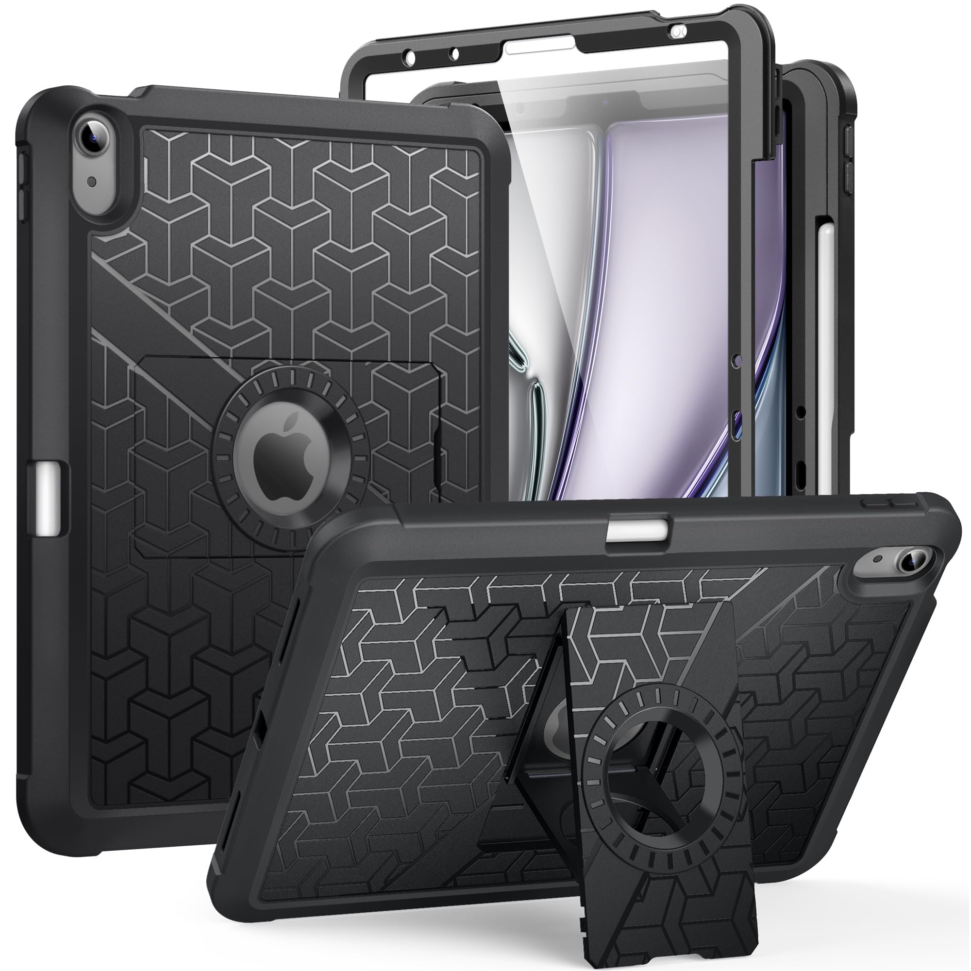 MoKo iPad Air 11 Inch Case (M3 2025 / M2 2024) & iPad Air 5th/4th Gen 10.9 Inch Case (2022/2020) - Heavy Duty Shockproof Full Body Cover with Built-in Screen Protector & Apple Pencil Holder - Black - Perfect for Work, Travel & Outdoor Protection