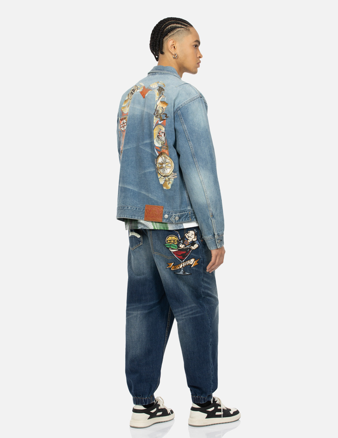 Hanafuda Daruma Daicock Embroidered Relaxed Fit Denim Jacket for Men | Vintage Japanese Style Streetwear | Perfect for Casual Outfits, Festivals and Anime Conventions