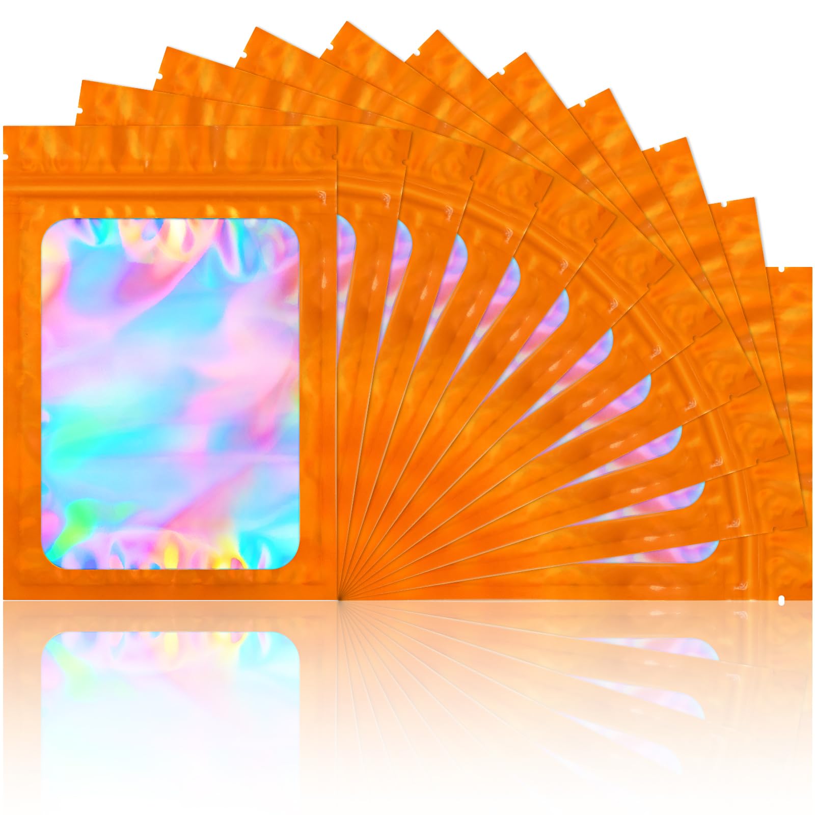 100-Pack Smell Proof Mylar Bags - Resealable Holographic Pouch with Clear Window for Food Storage, Eyelash, Jewelry & Electronics | Airtight & Durable (4x6 Inch, Orange) - Perfect for Travel, Organizing & Long-Term Preservation