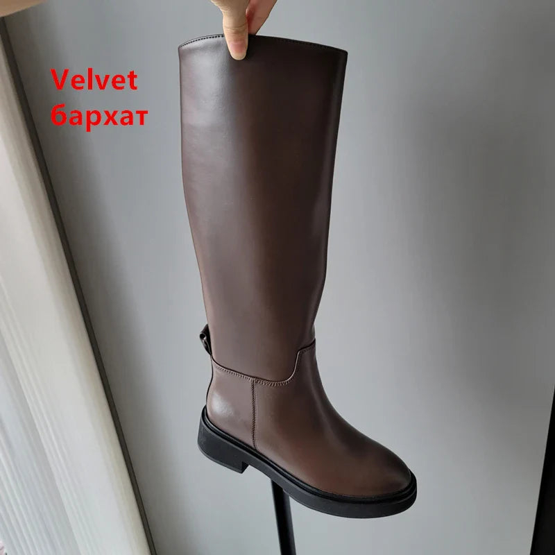 FEDONAS Women's Genuine Leather Knee High Boots with Thick Heel - Warm Winter Riding Boots for Autumn & Winter - Perfect for Motorcycle Riding, Office Wear & Cold Weather Fashion