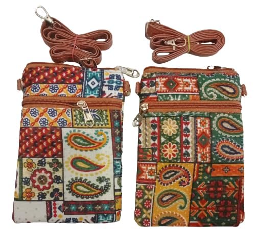 ZOKCY® Women's Jaipuri Crossbody Purse with Chain - Pack of 2, Sling Bag for Phone & Essentials - Perfect Birthday Gift for Sisters, Rakhi Return Present | Ideal for Daily Use, Shopping & Travel