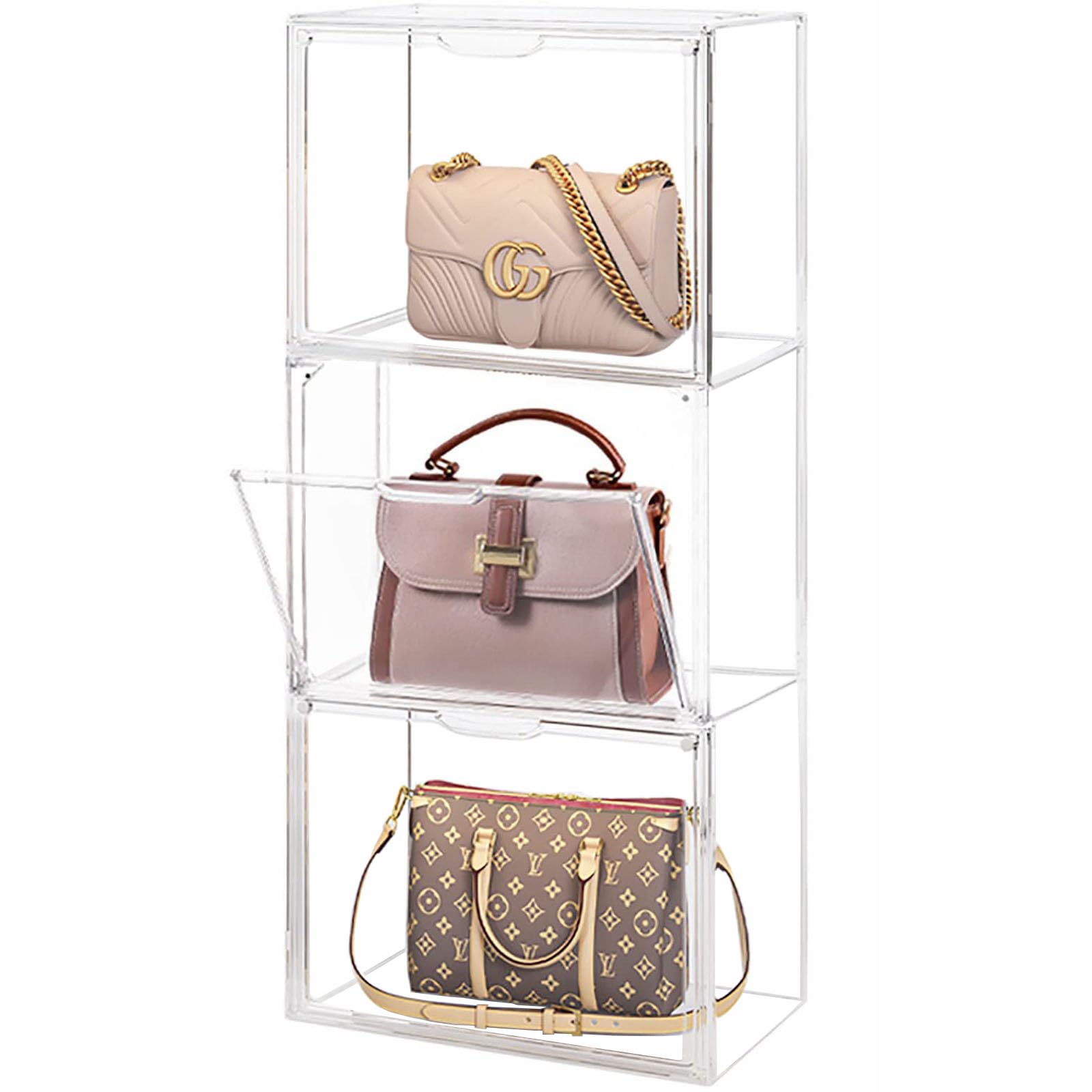 Clear Acrylic Stackable Magnetic Drop Front Storage Organizer - 3 Pack Handbag Purse & Shoe Display Case for Closet, Cosmetic Storage Bins, Book & Toy Organizer | Perfect for Bedroom, Closet & Office Organization