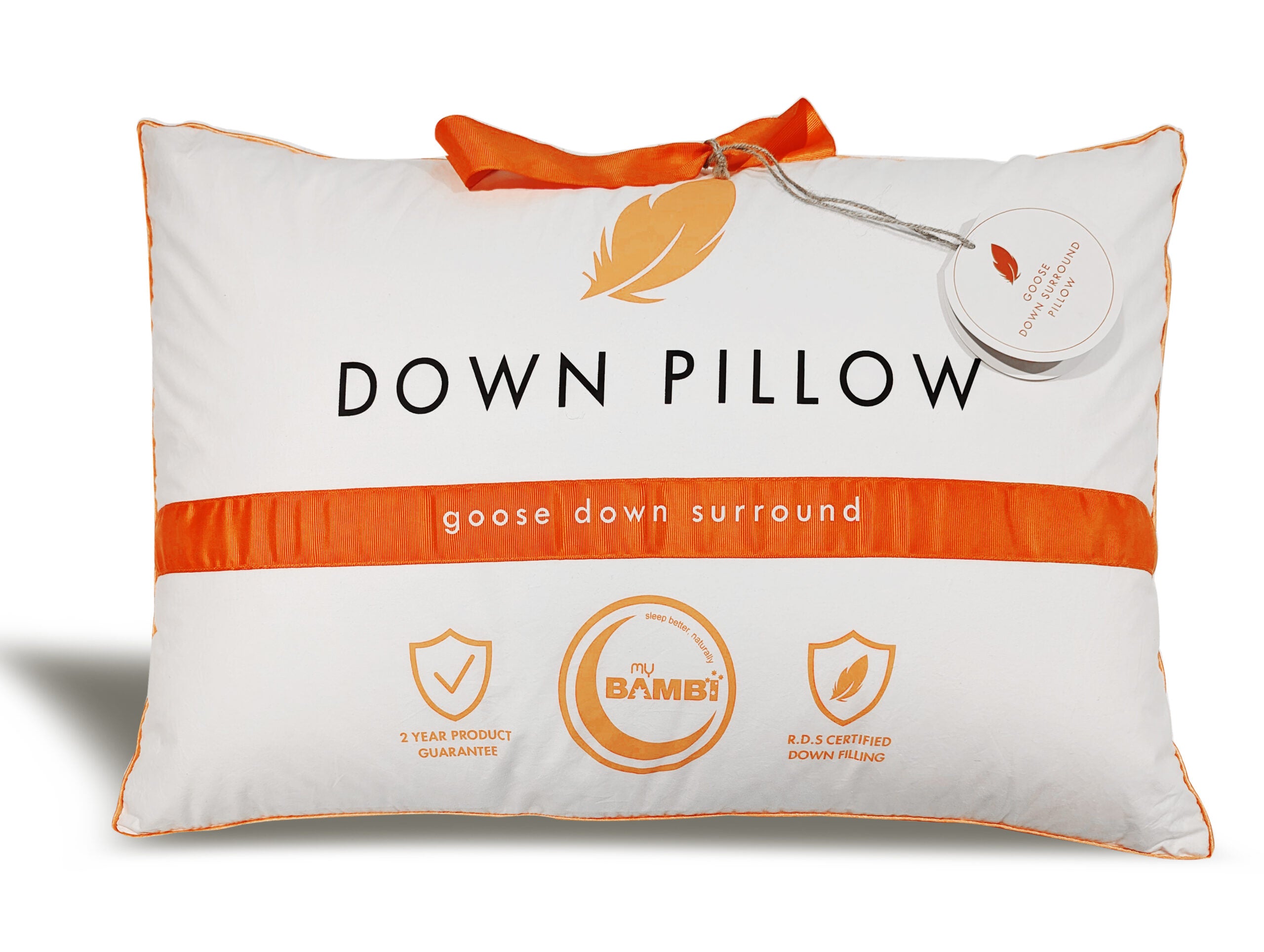Premium Goose Down Surround Pillow by Bambi - Ultra Soft Bed Pillow for Side Sleepers & Neck Support - Perfect for Home, Hotel, and Travel Use