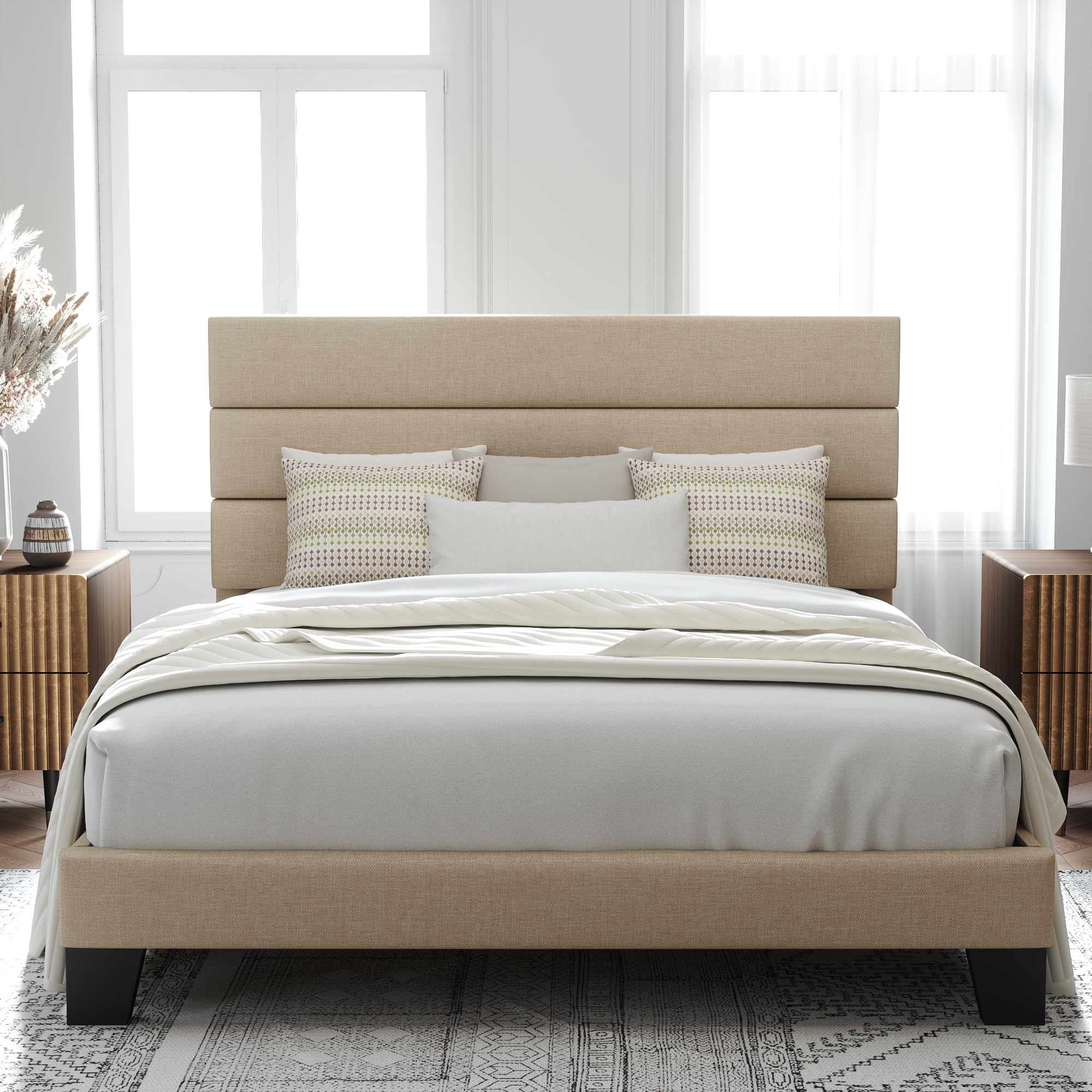 Allewie Queen Size Platform Bed Frame with Fabric Upholstered Headboard & Wooden Slats - No Box Spring Needed, Easy Assembly, Beige - Modern Bedroom Furniture for Small Spaces & Guest Rooms
