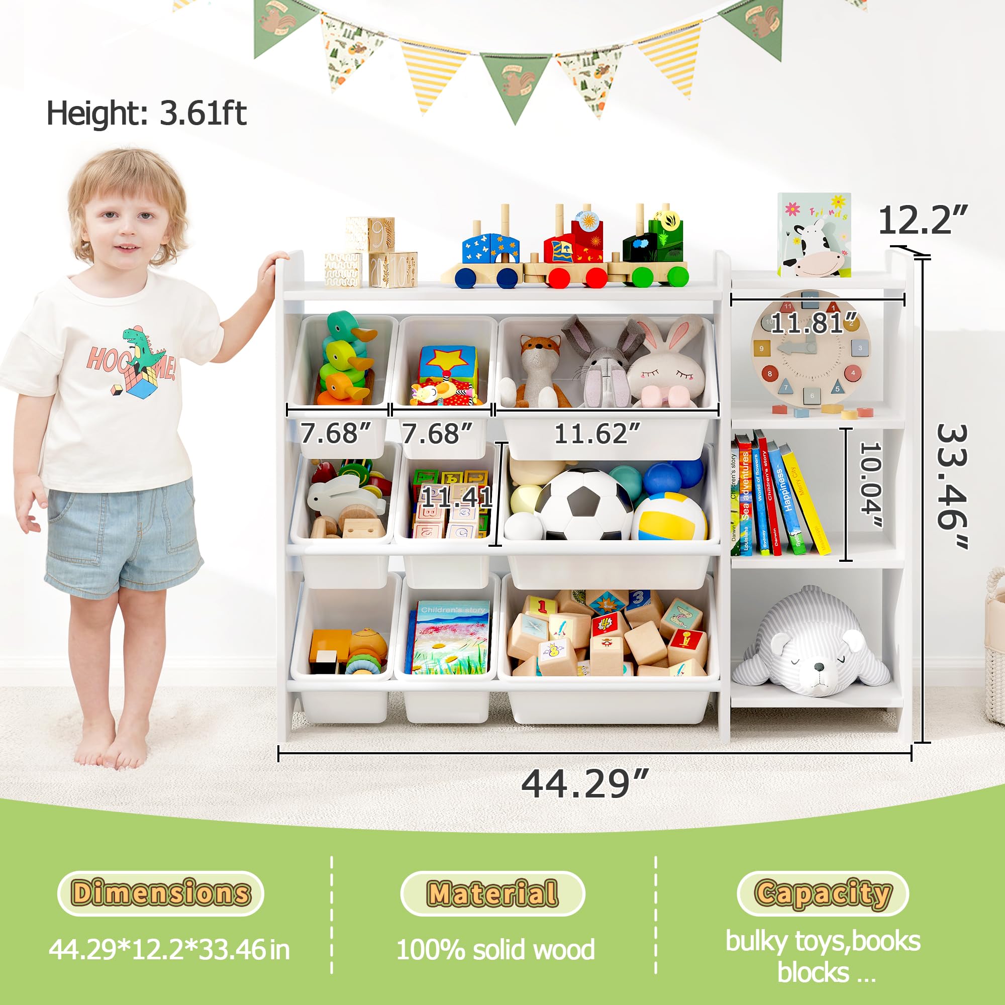 MallBest 4-Tier Kids Toy Storage Organizer Shelf - 100% Solid Wood Children's Storage Cabinet with 9 Plastic Bins & 3 Storage Ports (White) - Perfect for Nursery, Playroom & Bedroom Organization