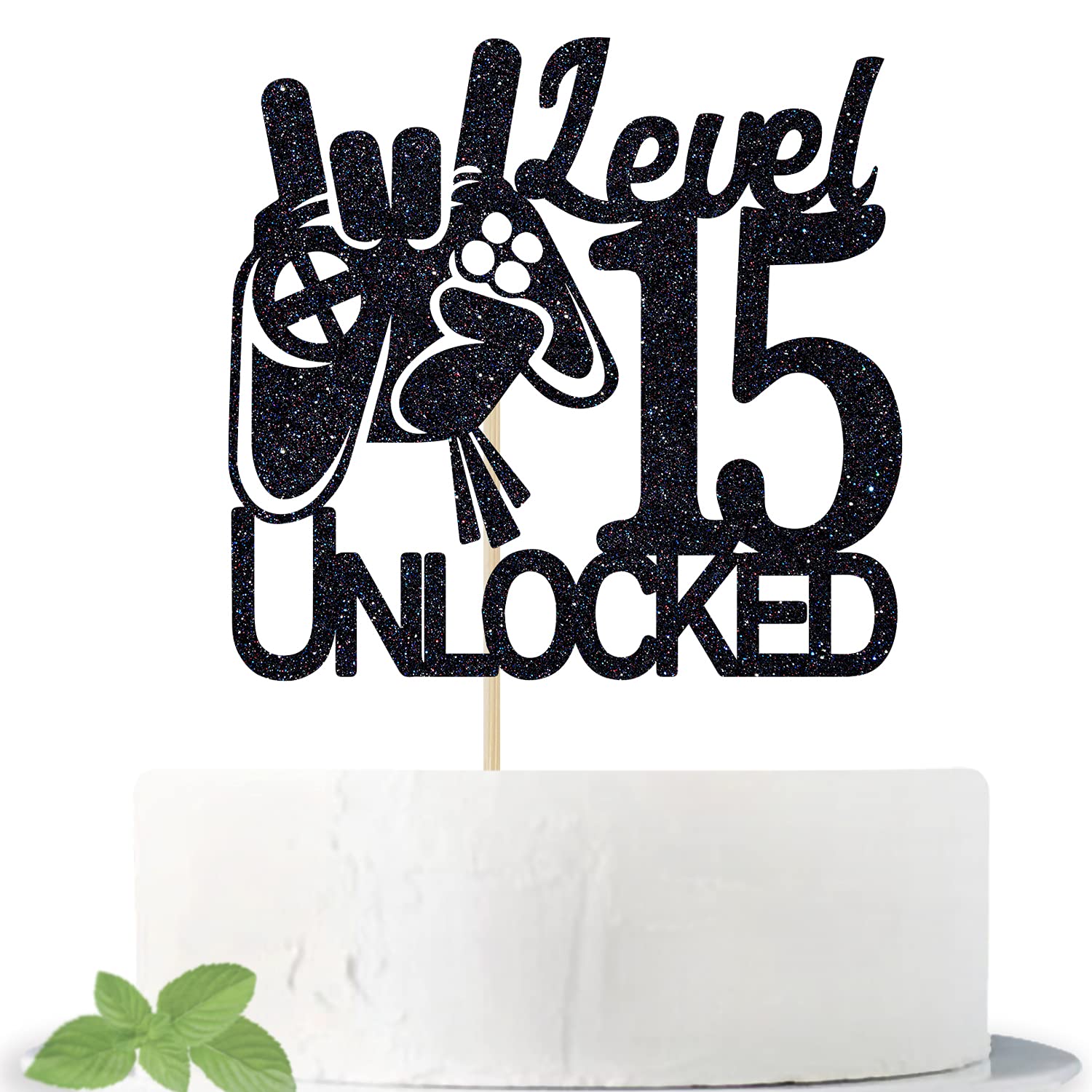 15th Birthday Cake Topper - Video Game Level 15 Unlocked Black Glitter Decoration for Boys | Level Up Winner Party Supplies | Perfect for Gaming Themed Birthday Cakes and Celebration Decorations