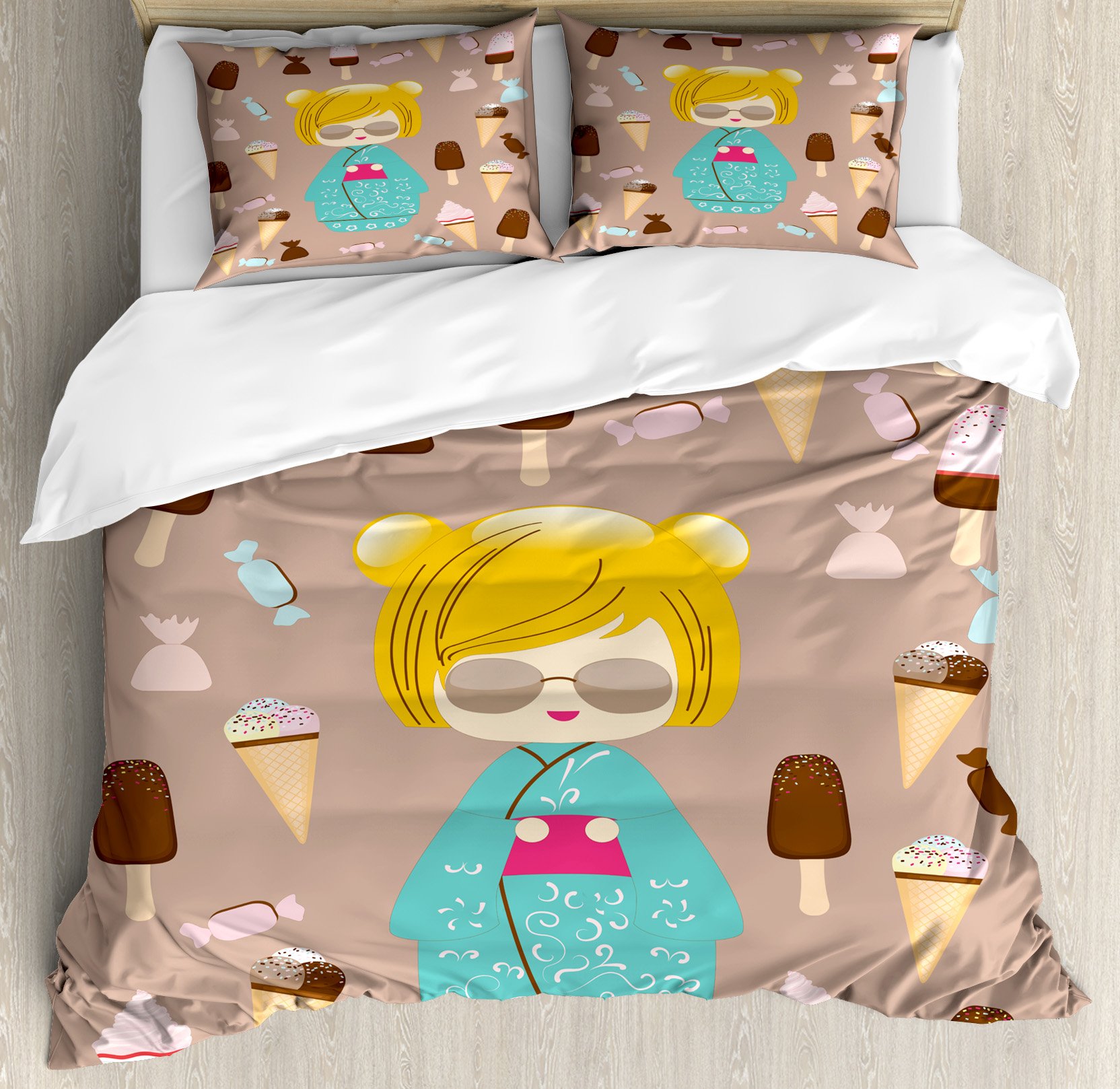 Ambesonne Anime Duvet Cover Set - Japanese Kokeshi Summer Doll Design with Ice Cream & Candies - 3 Piece King Size Bedding Set with 2 Pillow Shams - Vibrant Multicolor for Anime Lovers' Bedroom Decor