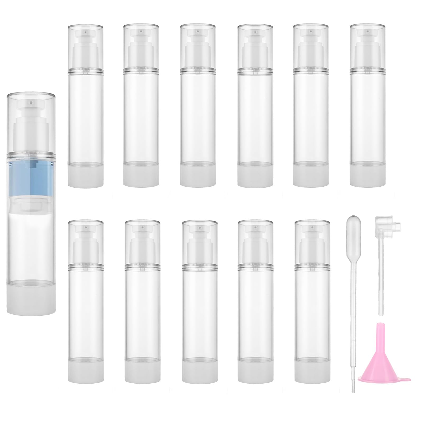 12 Pack 3.4OZ/100ML Airless Pump Bottles - Leak-Proof Travel Cosmetic Containers with Funnel & Dropper for Shampoo, Lotion, Foundation | Refillable Toiletry Bottles for Home, Gym & Vacation Travel Essentials