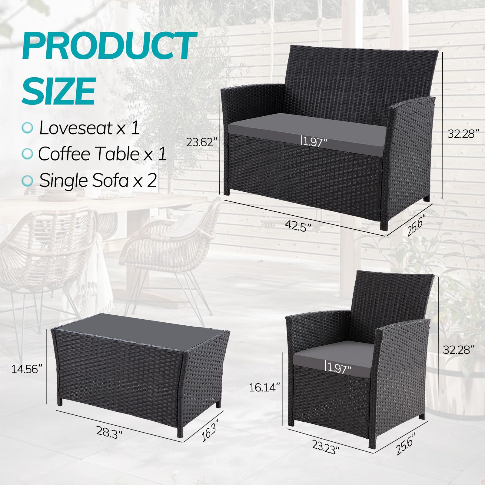 4-Piece Patio Furniture Set - Indoor/Outdoor Rattan Sectional Sofa with Gray Cushions, Black Wicker Conversation Set for Garden, Balcony, Backyard, Porch & Lawn - Perfect for Outdoor Entertaining & Relaxation