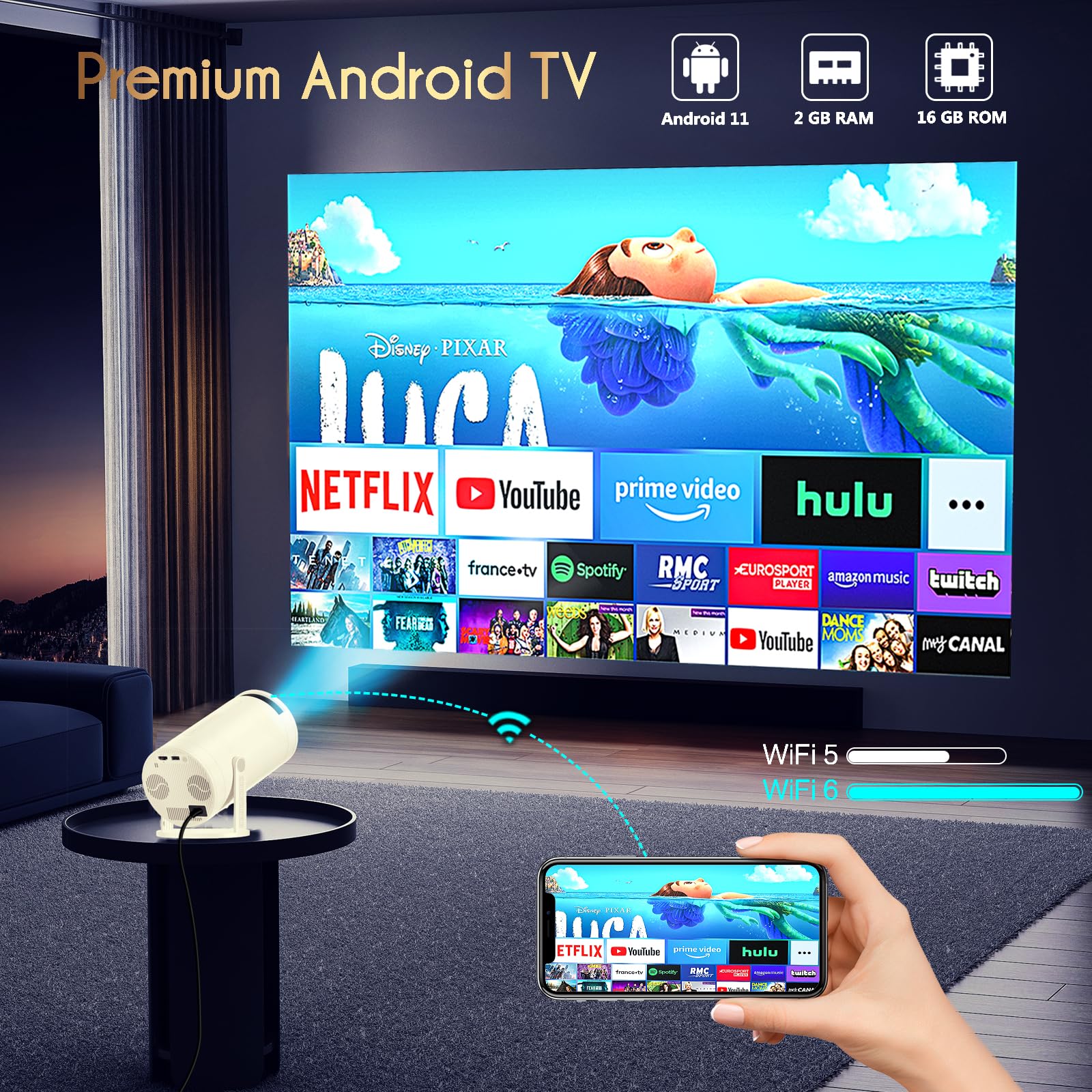 CWOWDEFU 1080P Full HD Smart WiFi Bluetooth Projector - 4K Decoding Support for Home Theater, Movie Nights & Gaming | Compatible with TV Stick, Phone Casting, HDMI & USB