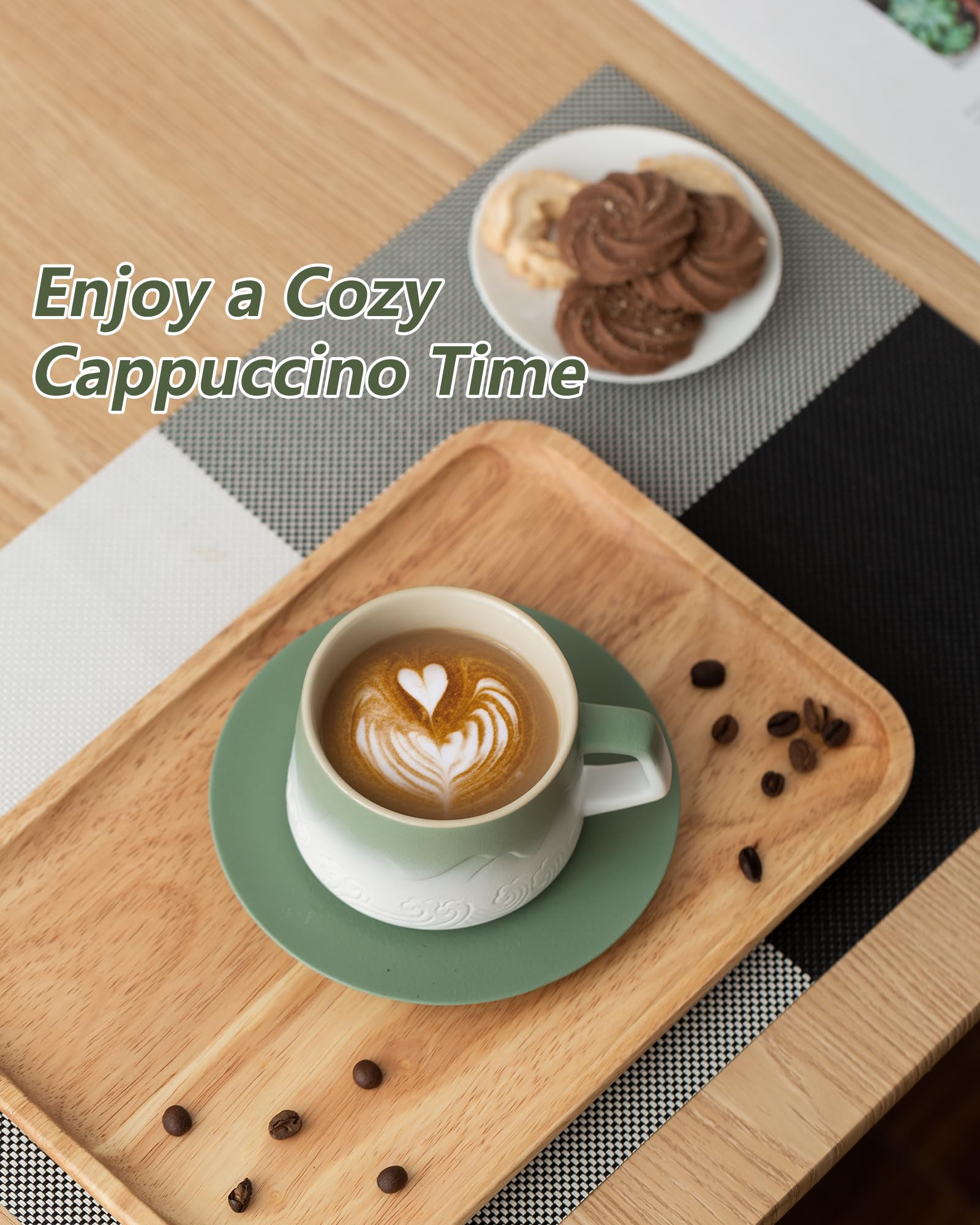 Premium 8oz Ceramic Cappuccino Cups Set of 2 with Saucers - Artistic Embossed Design for Latte Art, Perfect for Espresso, Au Lait, Matcha Tea - Moss Green & White Coffee Mugs - Ideal for Home Cafes, Gifts & Coffee Shops