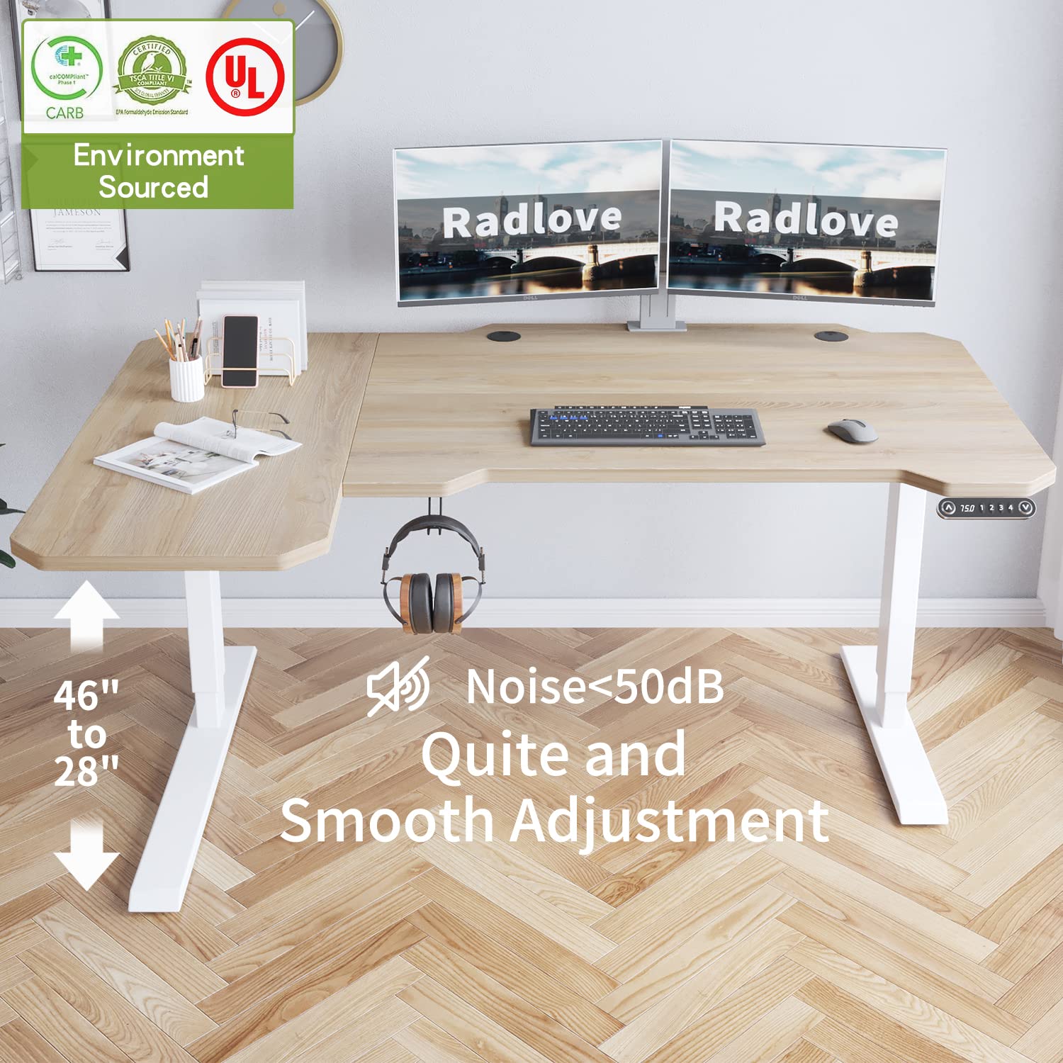 59-Inch Large Electric Height Adjustable L-Shaped Standing Desk with Memory Controller - Ergonomic Corner Workstation with Splice Board (White Frame + Oak Top) - Perfect for Home Office, Gaming Setup & Workspace Organization