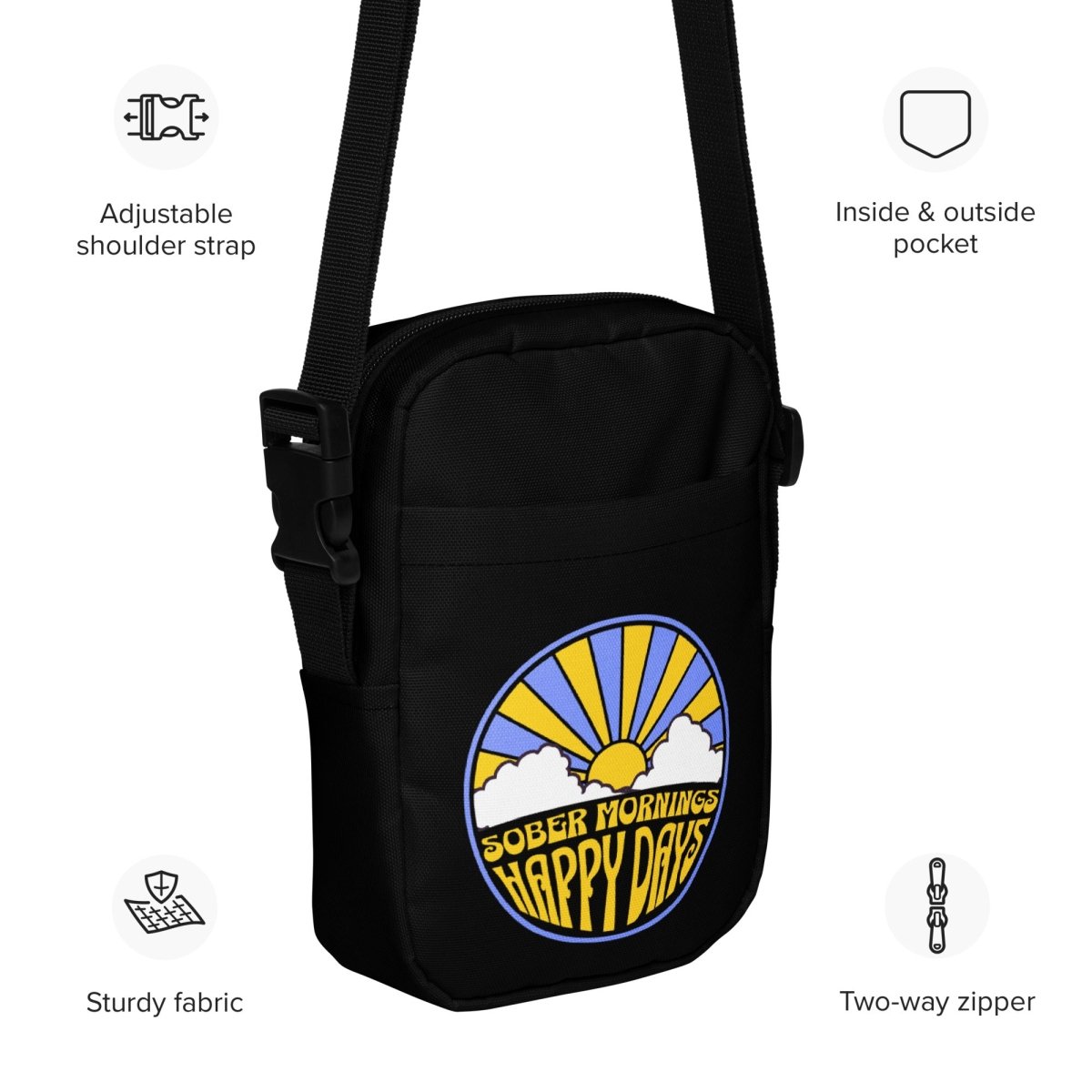 Sober Mornings Happy Days Crossbody Bag for Women - Stylish Utility Purse with Multiple Pockets - Perfect for Travel, Shopping & Everyday Use