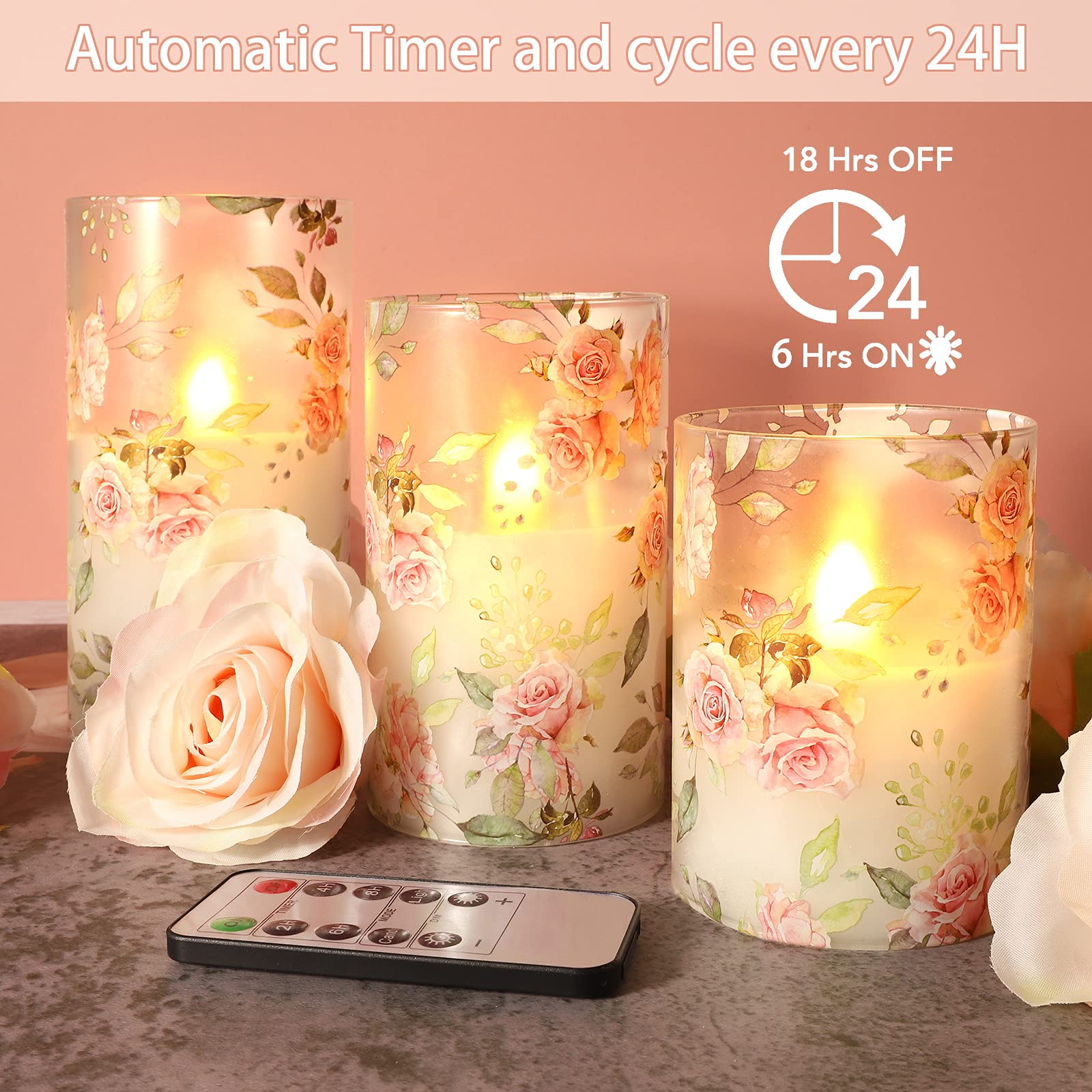 Pink Flameless LED Candles with Remote & Timer - Realistic Flickering Glass Pillar Candles for Valentine's Day, Mother's Day Gifts, Wedding Centerpiece, Romantic Dinner Decor, Home Table Ornaments
