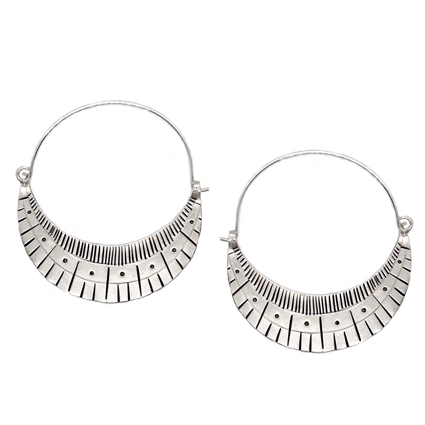 Handmade Sterling Silver Large Boho Statement Crescent Moon Hoop Earrings with Geometric Pattern Engraving | Unique Boho Chic Jewelry for Women | Perfect for Festivals, Parties & Everyday Wear