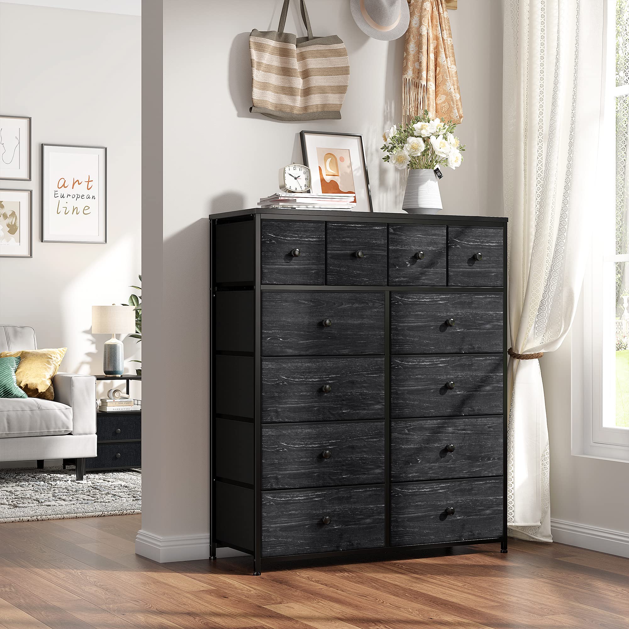 EnHomee 12-Drawer Black Dresser for Bedroom - Fabric Storage Chest of Drawers, 11.9
