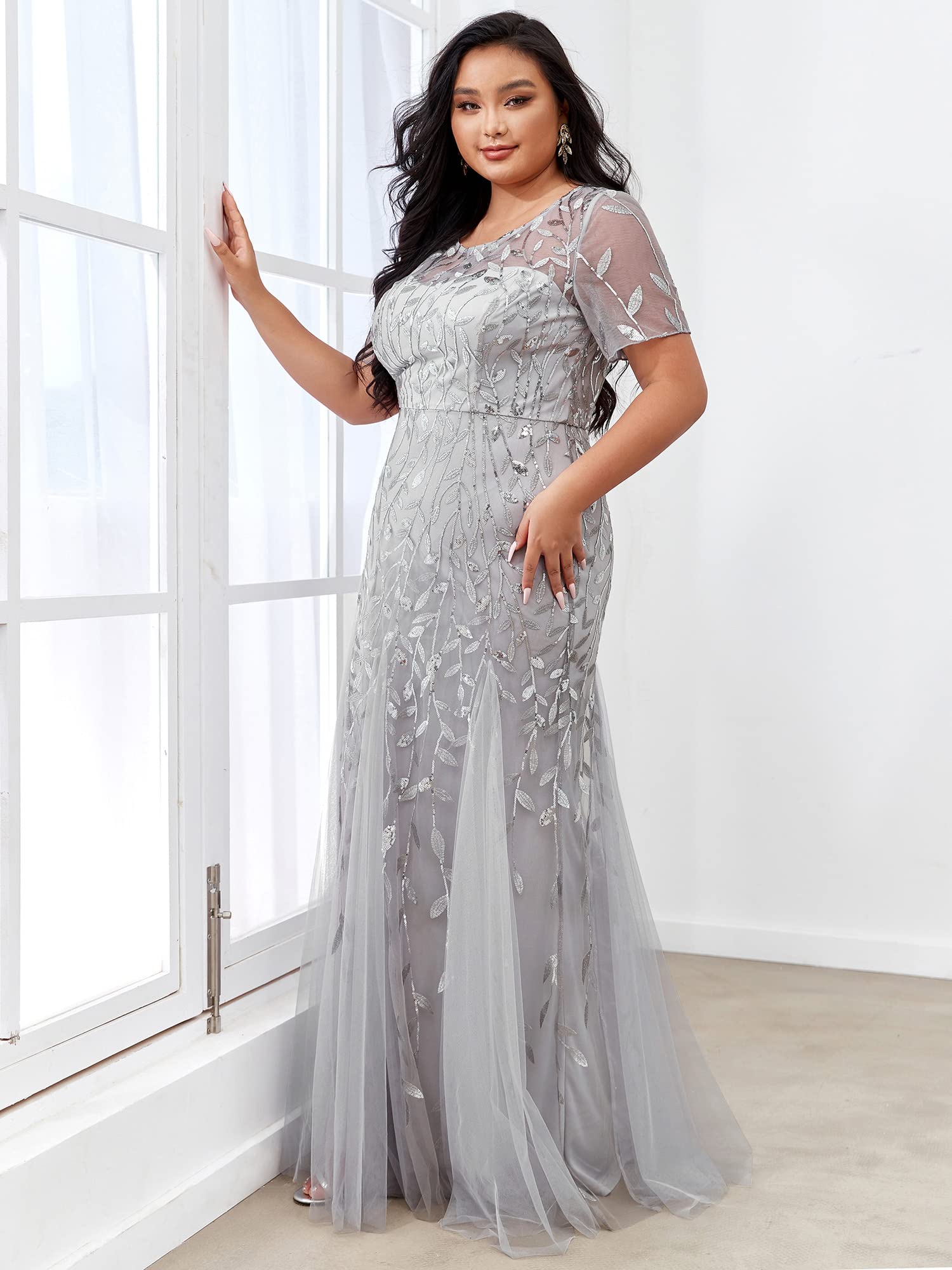 Ever-Pretty Women's Plus Size Embroidery Sequin Short Sleeve Bodycon Maxi Dress for Formal Occasions - Elegant Evening Gown for Weddings, Prom, Cocktail Parties and Special Events (Style 07707-PZUSA)