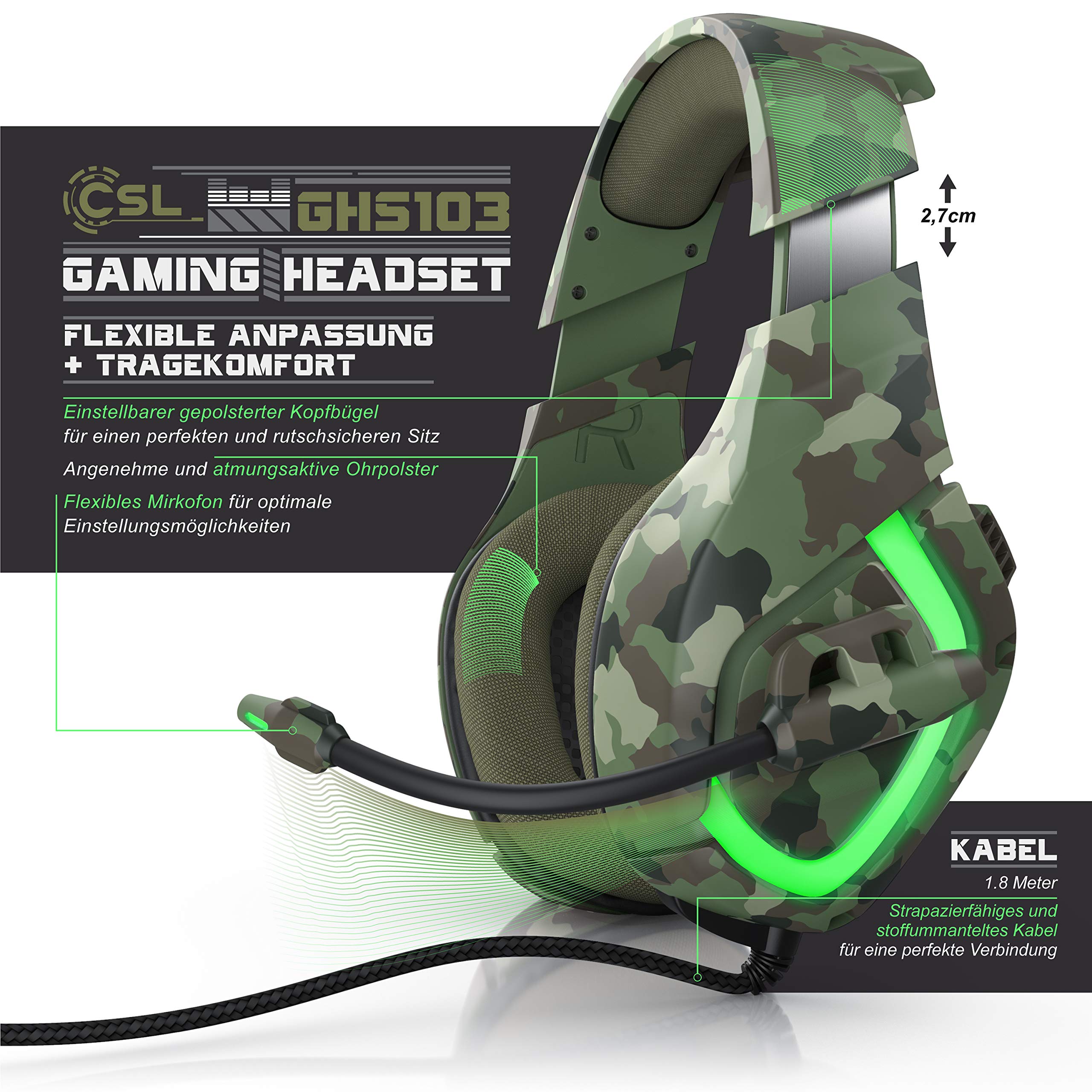 CSL Wired Gaming Headset with Microphone - Over-Ear Noise Cancelling Headphones, USB Plug & Play for PC, Laptop, PS5, Xbox - Perfect for FPS Games & Online Chat (Camouflage Design)