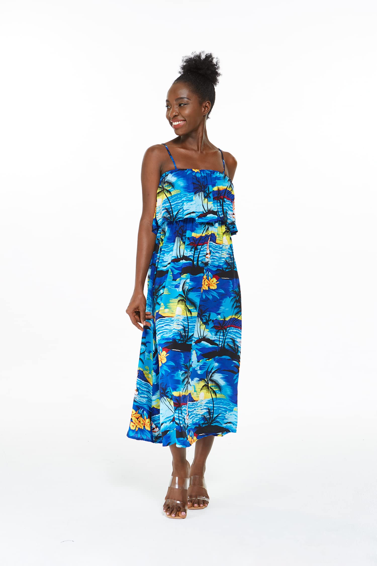 Hawaiian Maxi Dress for Women - Floral Hibiscus Print with Ruffle Trim | Perfect for Luau Parties, Beach Vacations & Summer Weddings