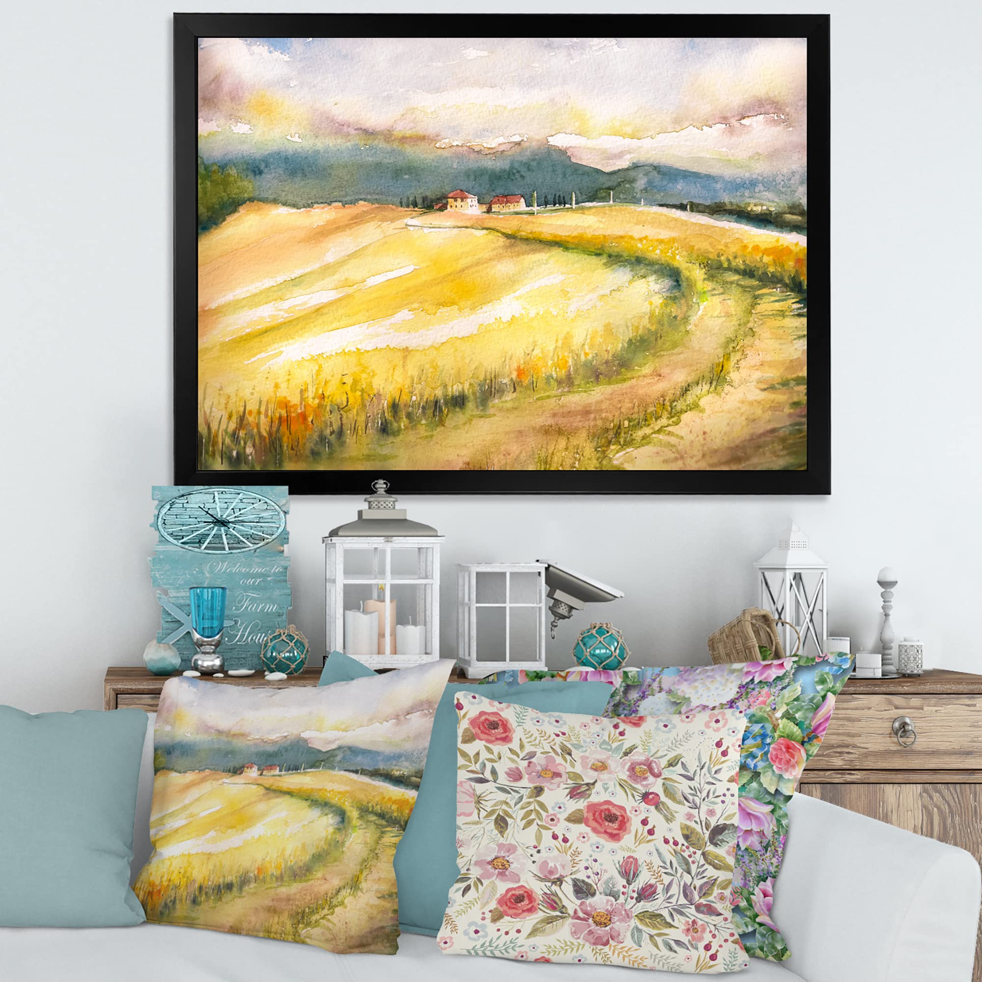DesignQ Golden Fields of Tuscany Italy Country Framed Wall Art - Premium Canvas Painting for Living Room, Bedroom & Office Decor