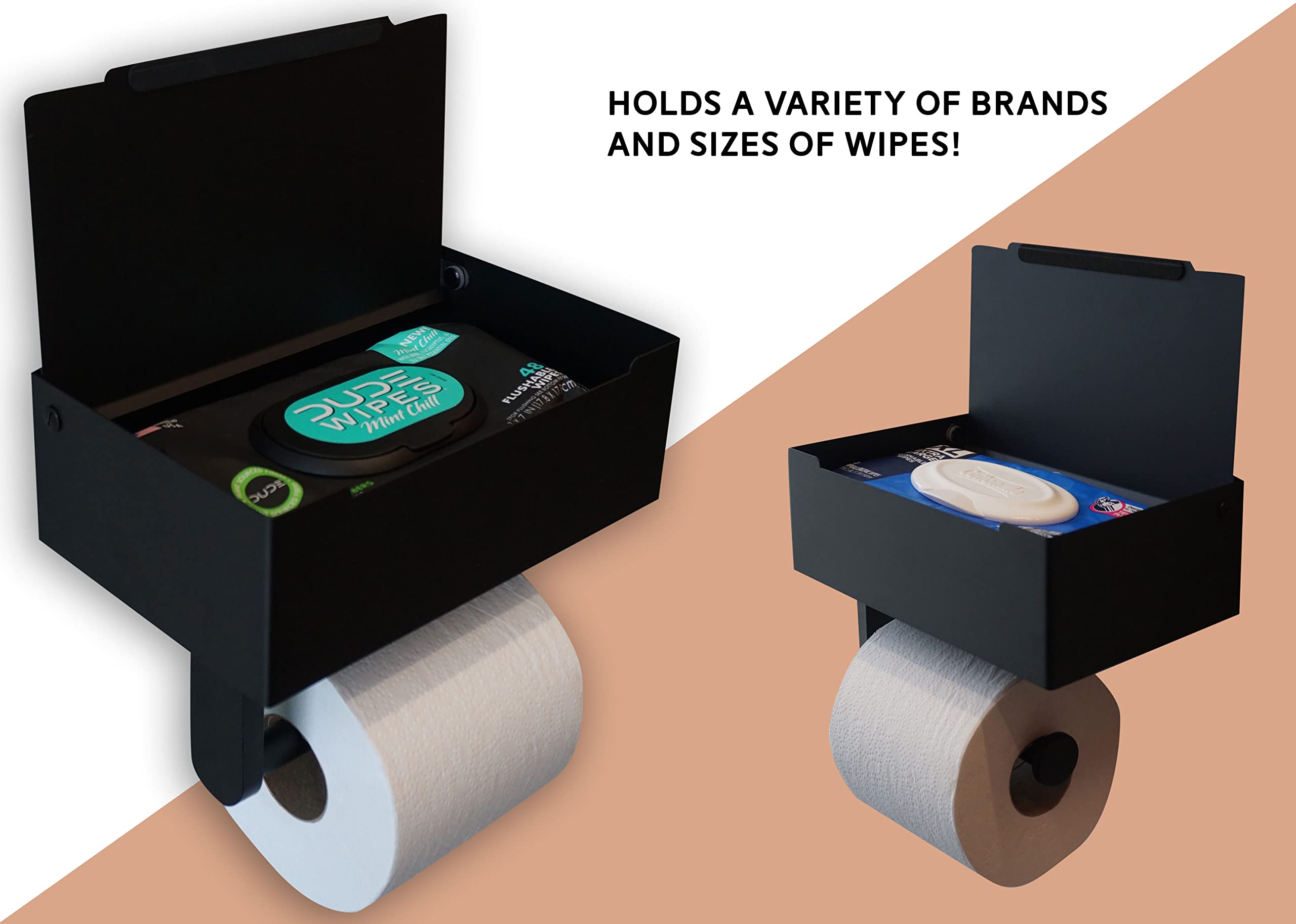 Storage Theory Wipe Holder Wall Mount - 1 Pack Black Adhesive or Wall Mount Flushable Wipe Toilet Paper Holder | Bathroom Organizer for Baby Wipes, Makeup Remover Wipes & Toilet Paper | Perfect for Bathrooms, Nurseries & RVs