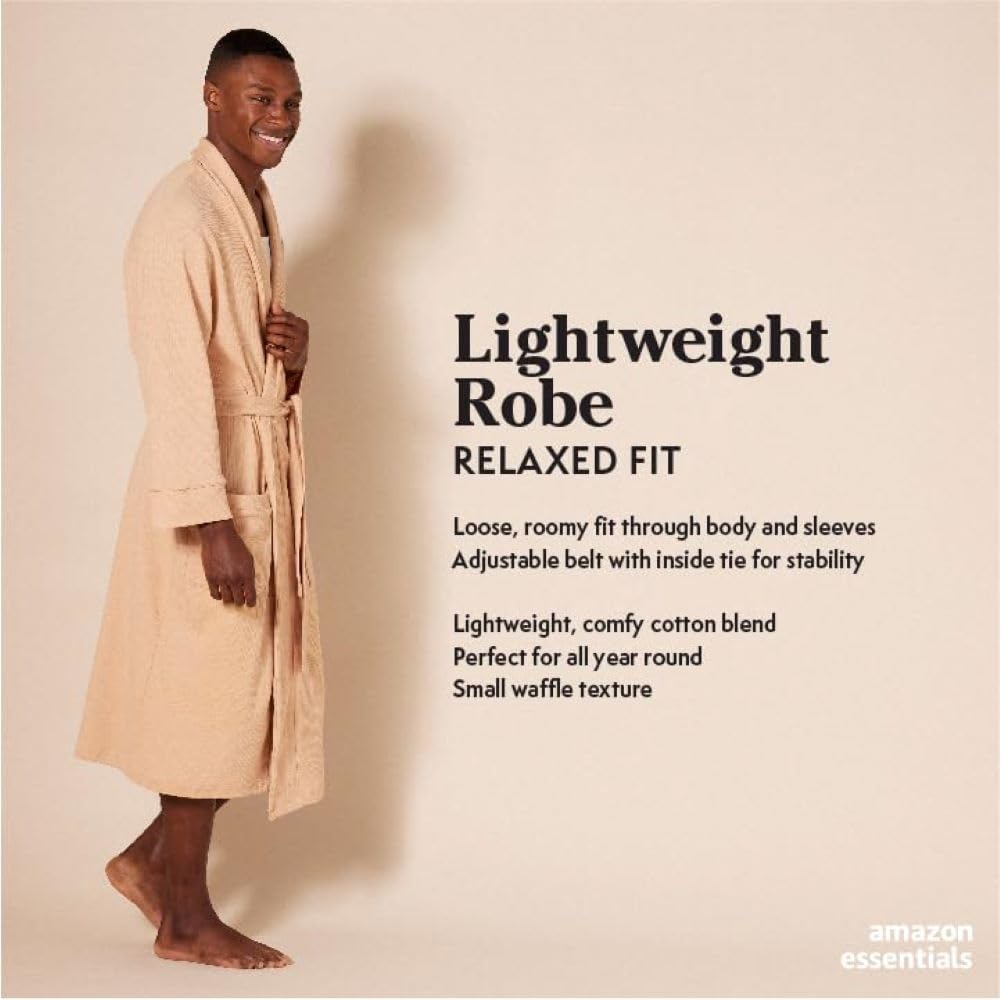 Amazon Essentials Men's Lightweight Waffle Robe - Soft Comfortable Bathrobe for Big & Tall - Perfect for Spa, Lounging & Relaxation at Home