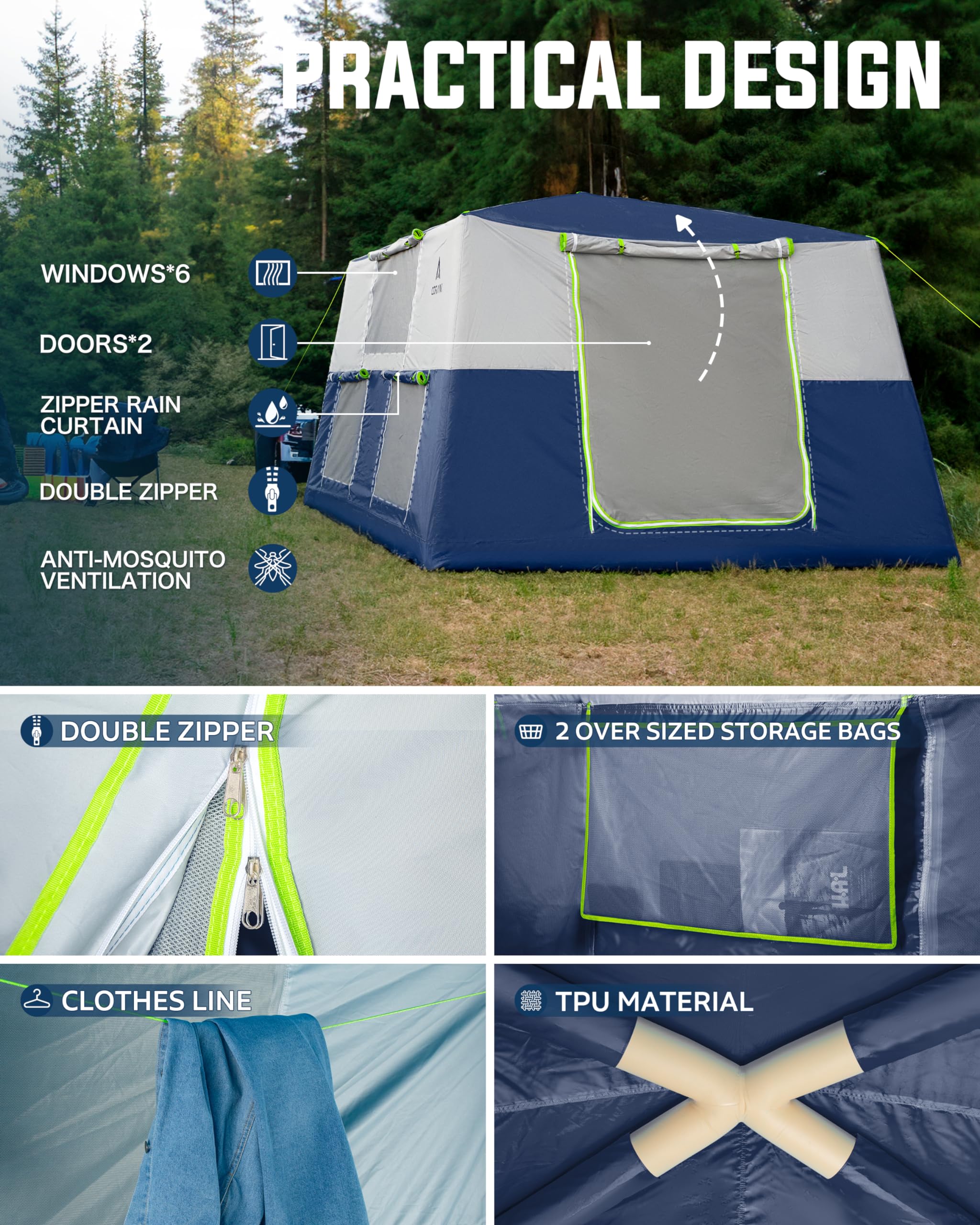 14.1'x6.5'x9' Inflatable Camping Tent - Waterproof & Windproof 6/8/10 Person Family Air Tent with 2 Doors & 6 Mesh Windows | Easy Setup Portable Blow Up Tent for Outdoor Adventures, Beach Trips & Backyard Camping