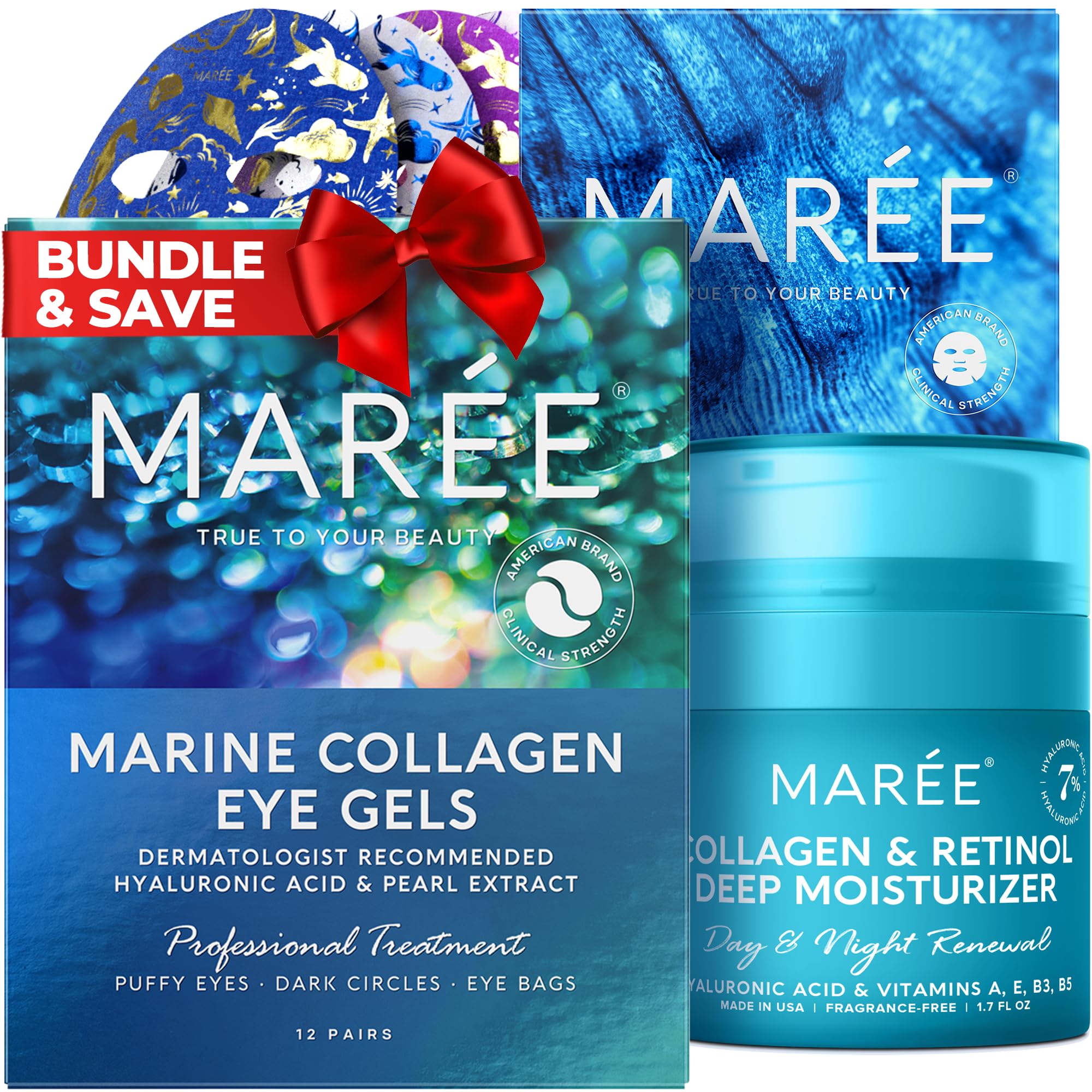 MAREE Skincare Essentials Bundle - Under Eye Gels for Puffy Eyes, Anti-Aging Face Cream & Hydrating Sheet Masks with Marine Collagen & Hyaluronic Acid - Dark Circle Treatment, Wrinkle Reduction & Deep Moisturizing - Perfect for Night Routine, Travel Skincare & Self-Care Days