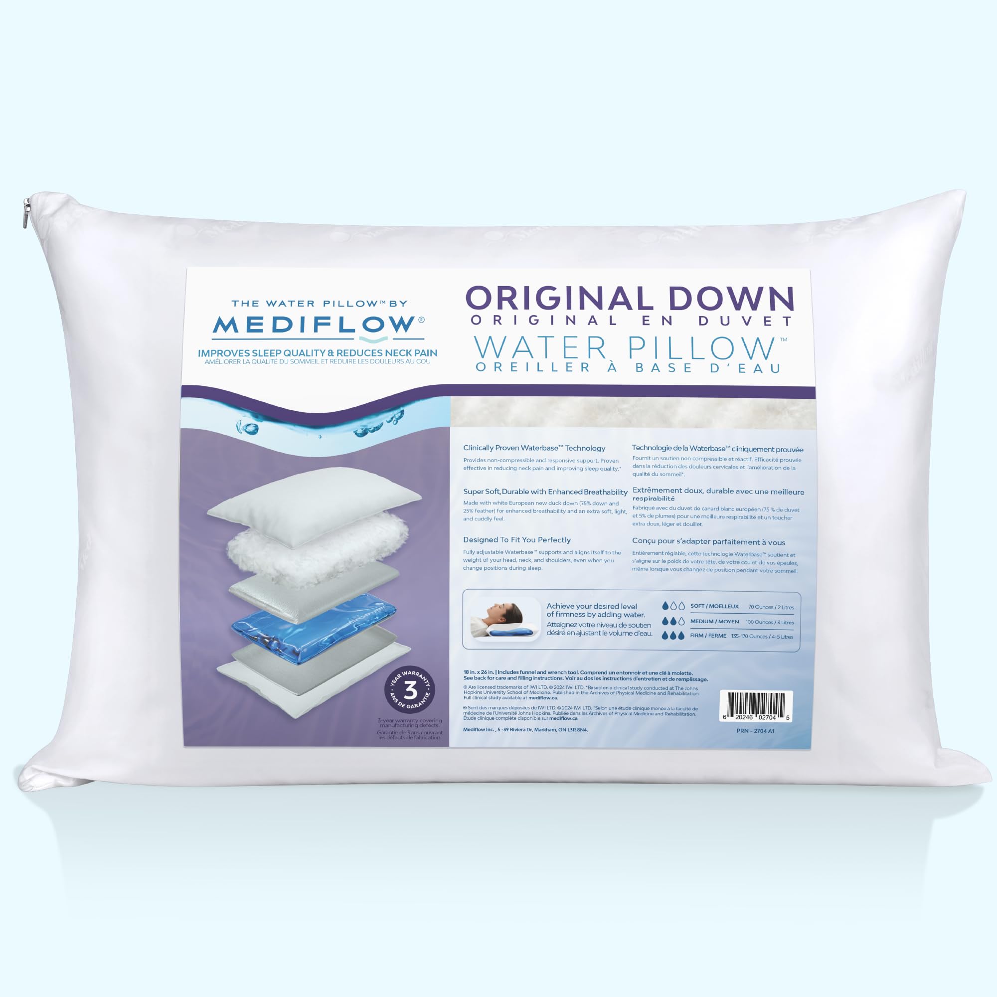 Down Water Pillow - 75% Down Fill Adjustable Neck Pain Relief Pillow for Side, Back & Stomach Sleepers | Original Water Pillow Inventor | Perfect for Home, Travel & Post-Surgery Comfort