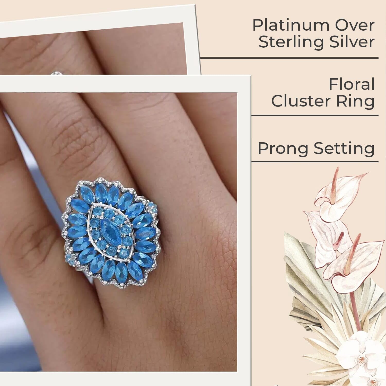 2.9 Ct 925 Sterling Silver Platinum Plated Neon Apatite Cluster Ring for Women - Size 6 | Engagement, Anniversary, Wedding, Promise, Birthday Gift | Perfect for Date Nights, Parties & Special Occasions