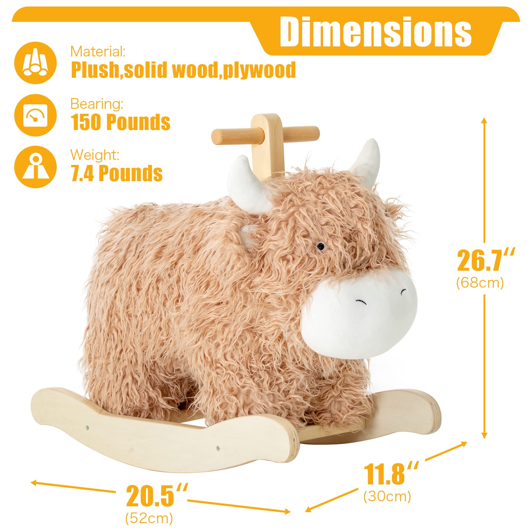 Wooden Rocking Horse Toy for 1-2 Year Old Boys & Girls - Natural Cow/Yak Design with Wicker Plush Seat - Safe Toddler Ride-On Toy for Nursery, Playroom & Birthday Gifts - Perfect for Early Childhood Development & Pretend Play