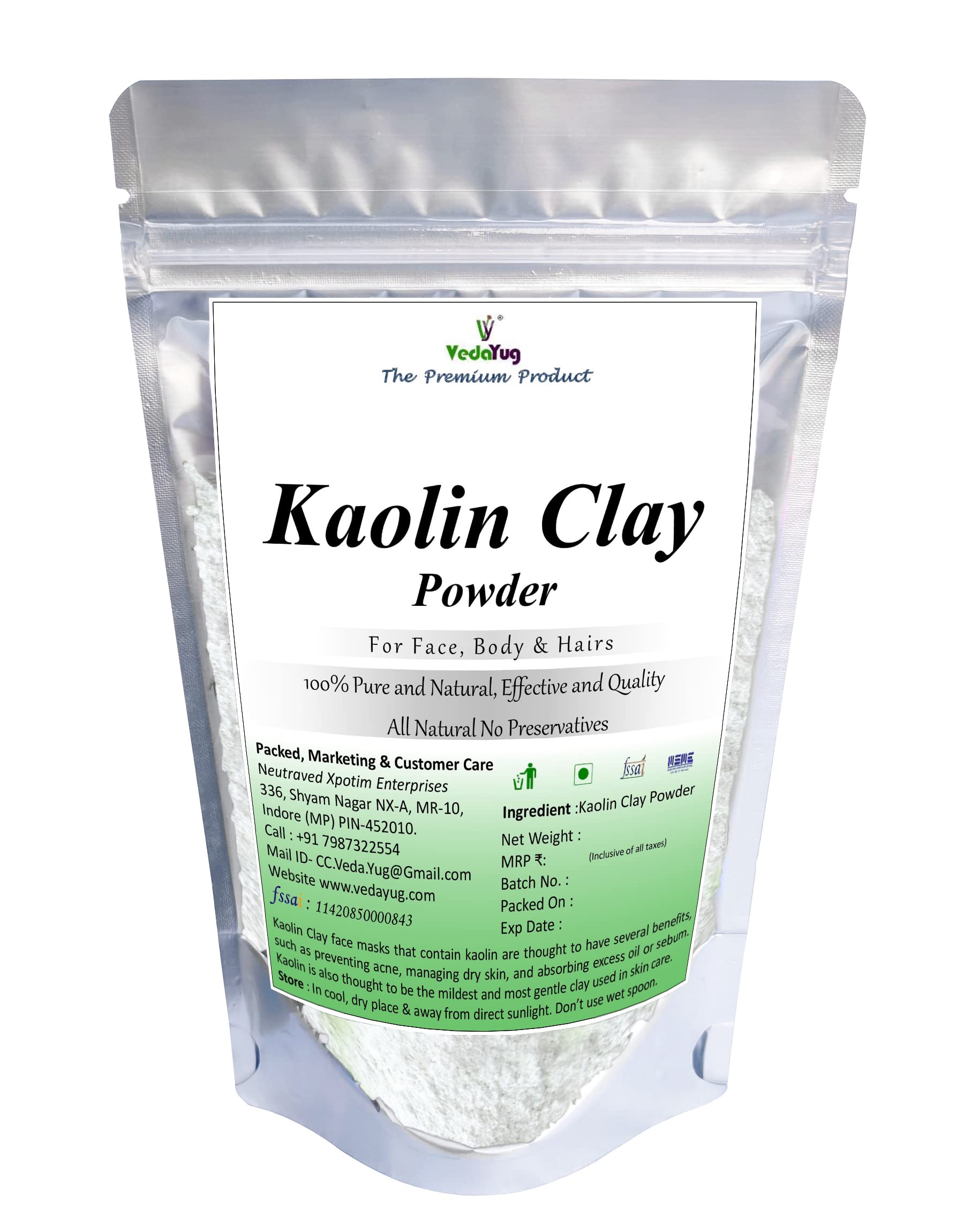 VY VedaYug Kaolin Clay Powder - 100g | Natural Face, Body & Hair Mask for Detox, Acne & Glowing Skin | Perfect for Spa, Skincare & DIY Beauty Treatments