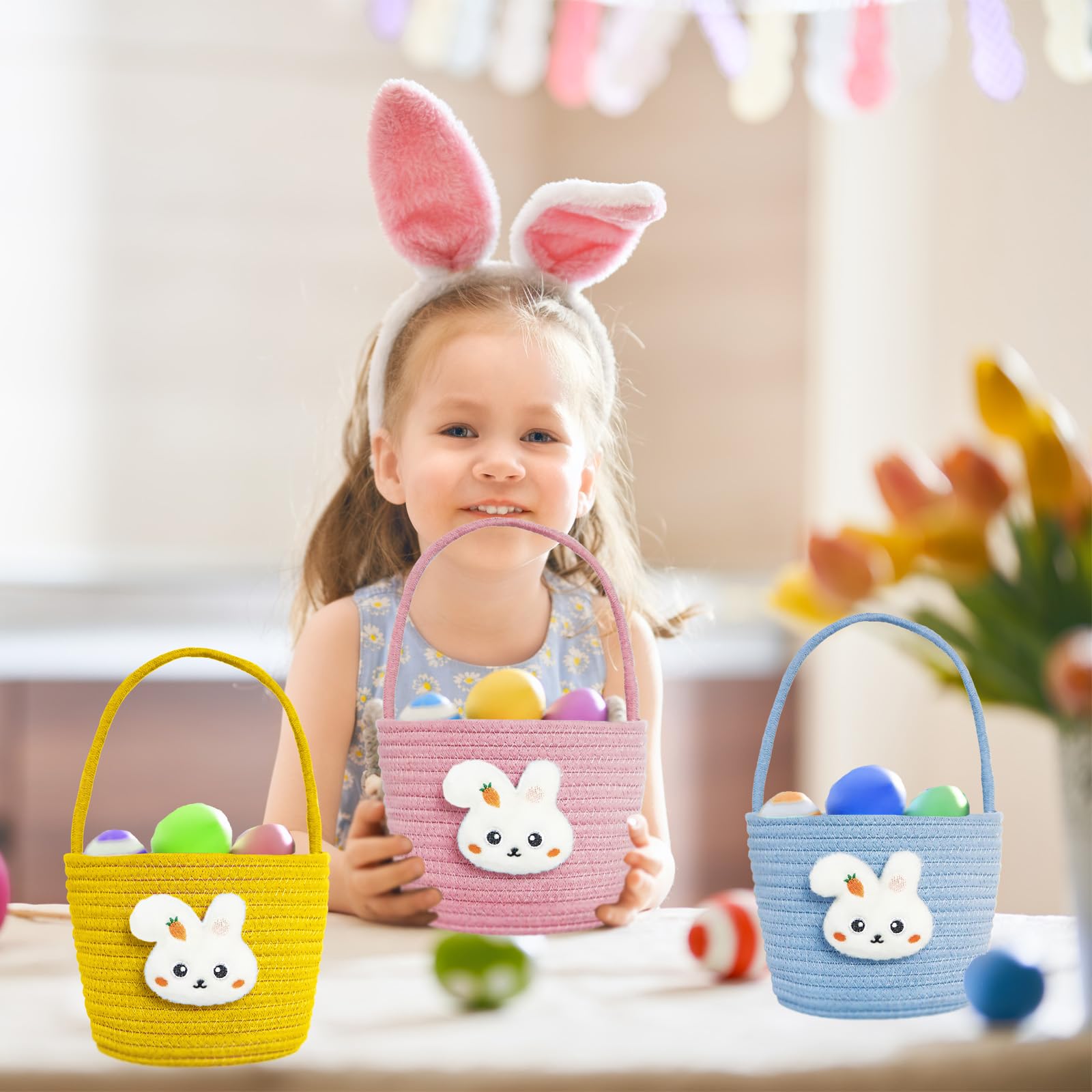 Easter Basket for Kids - Woven Cotton Rope Bunny Basket with Gift Bags & Ribbons for Girls, Boys, Toddlers & Babies (Pink) - Perfect for Easter Egg Hunts, Spring Celebrations & Gift Giving