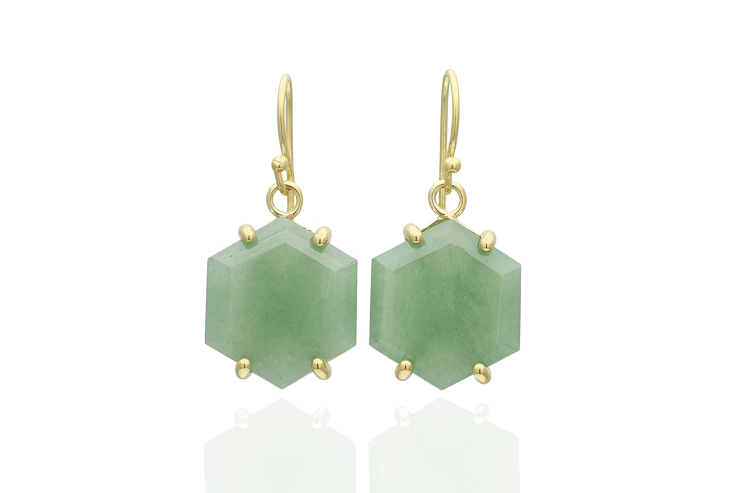 14K Gold Green Aventurine Hexagon Dangle Earrings for Women - Elegant Statement Jewelry for Party & Office