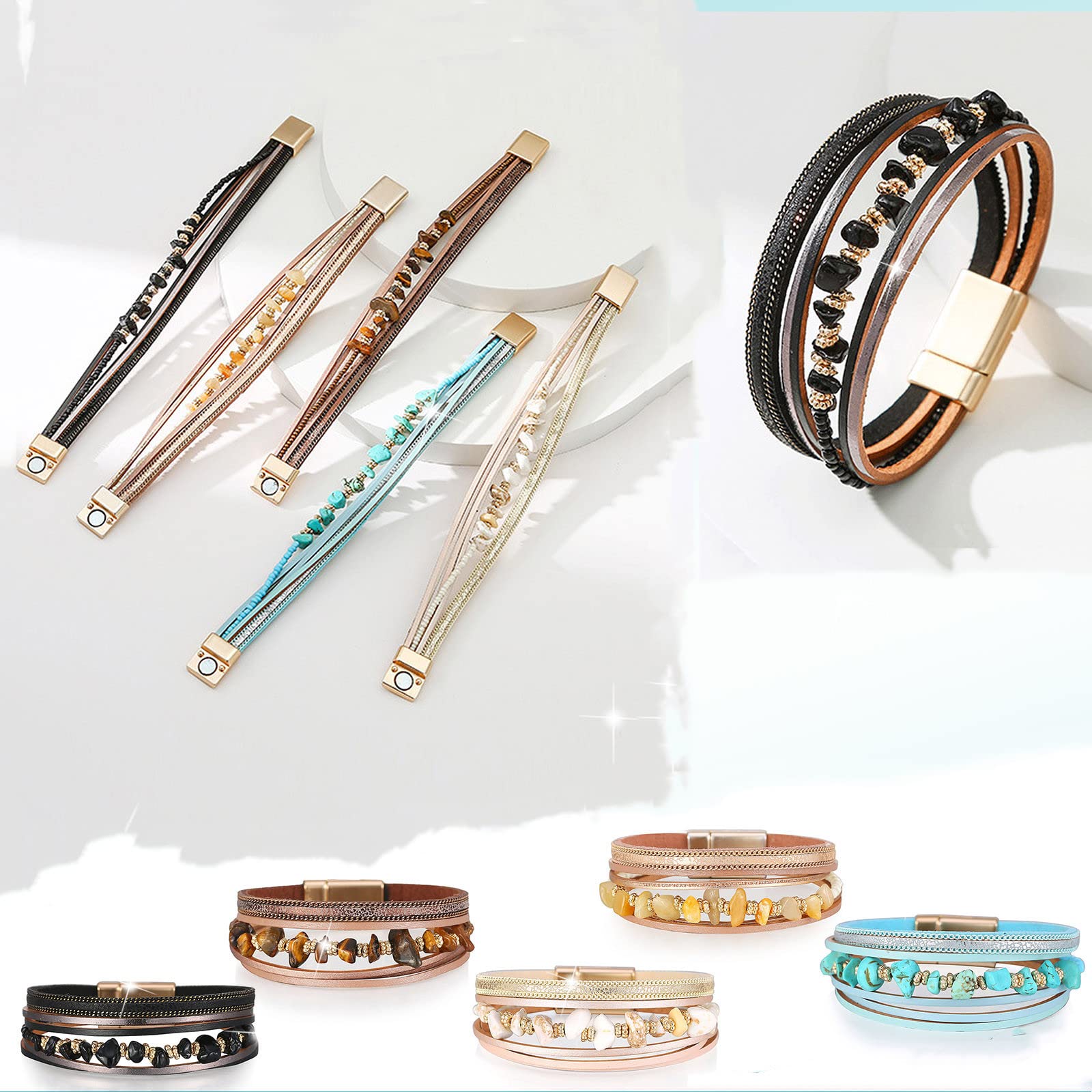 Stylish Women's Leather Boho Magnetic Buckle Bracelet Set - Adjustable Wrap Cuff Bracelet with Irregular Gravel Design for Casual & Festival Wear - Perfect for Everyday Accessories, Boho Outfits and Gift Giving